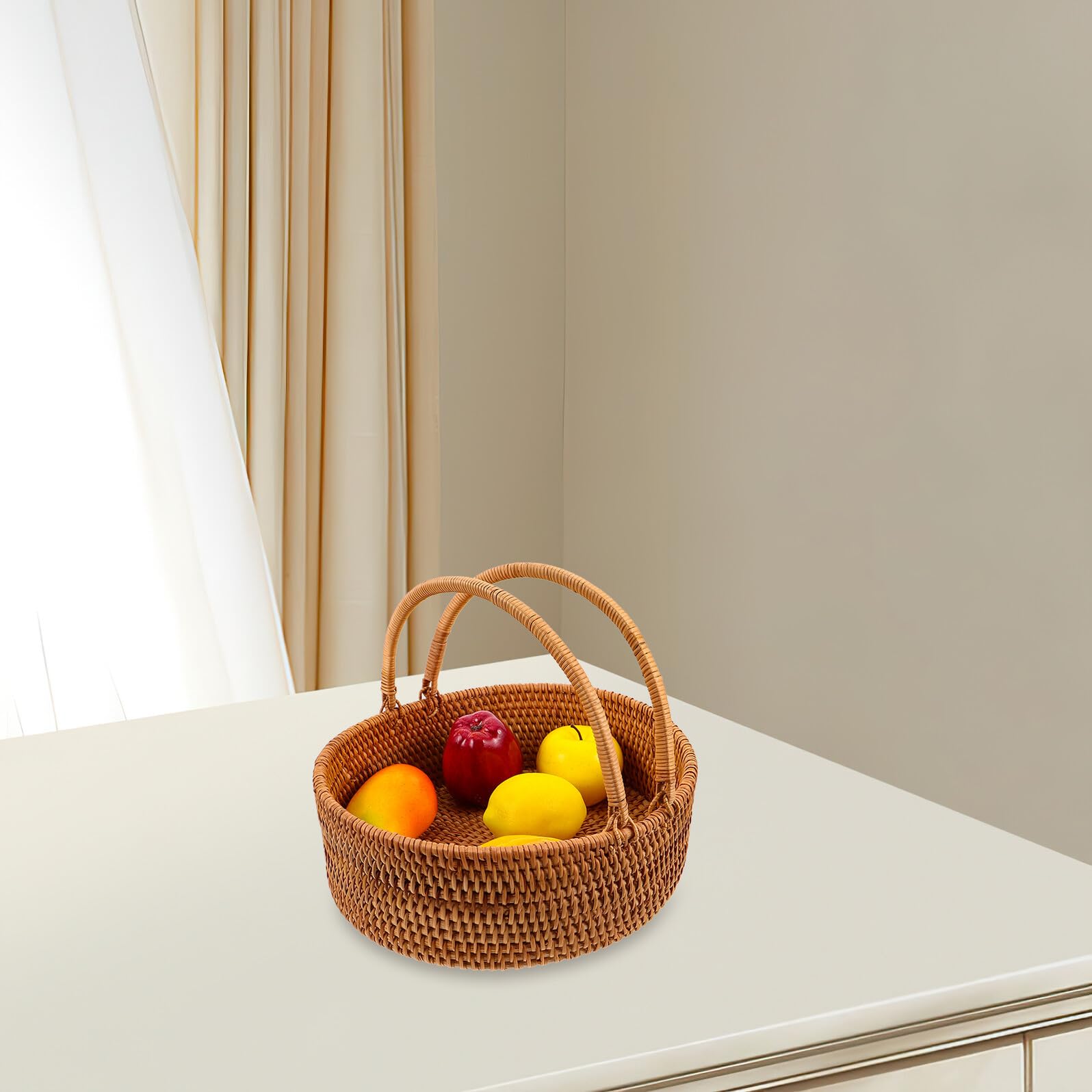 Veemoon Cesta de Ratán Tejida a Mano con Asa Cesta Organizadora Grande para Picnic Almacenamiento de Frutas para Cocina y Hogar Color Marrón Claro