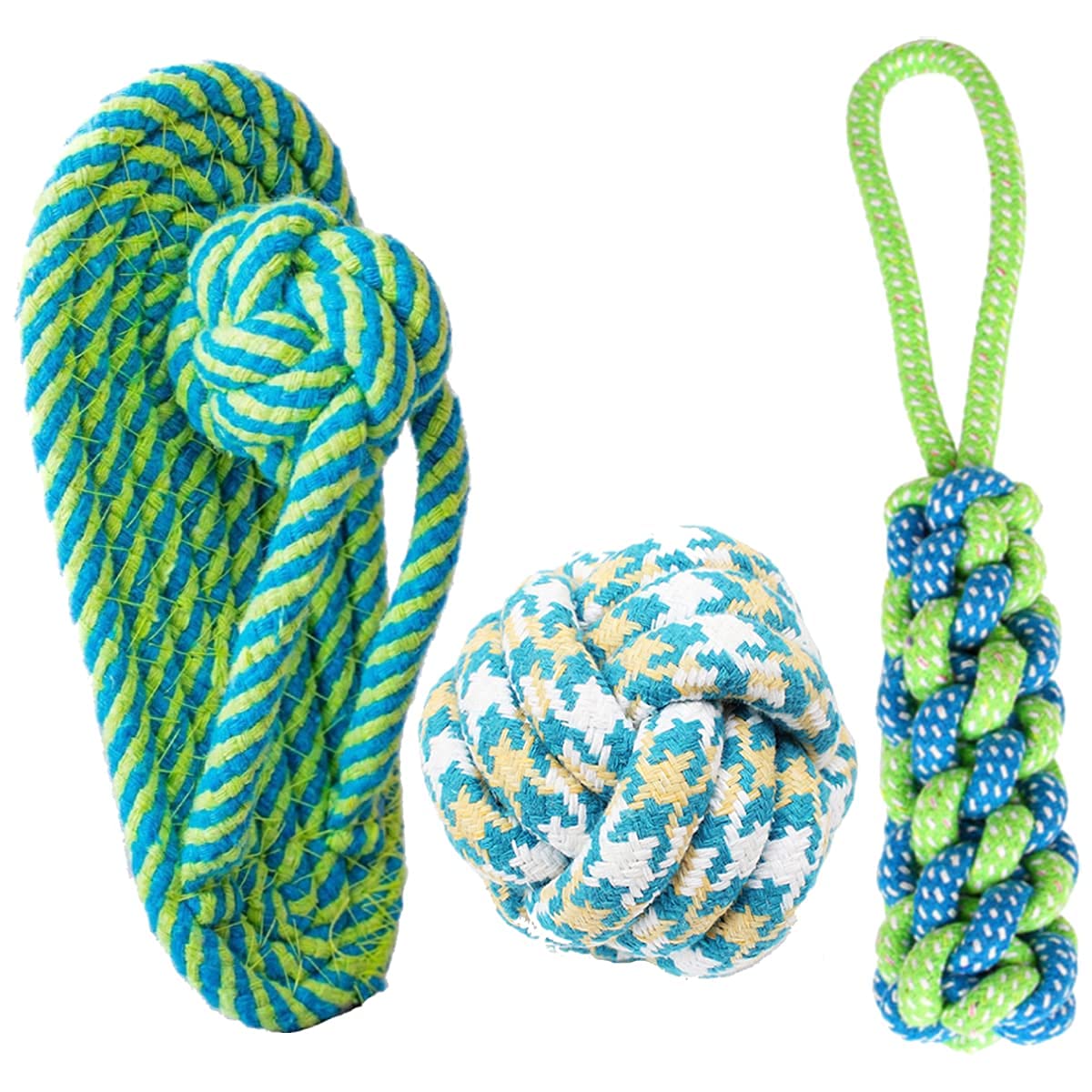 PSK PET MART Roll over image to zoom in Dog Rope Toy, Interactive Pet Chew Toys Set, Washable Braided Cotton Teeth Cleaning Chewers for Puppies, Small, Medium and Large Dogs Durable Teething Ropes, Tug of War Ball Training Playing