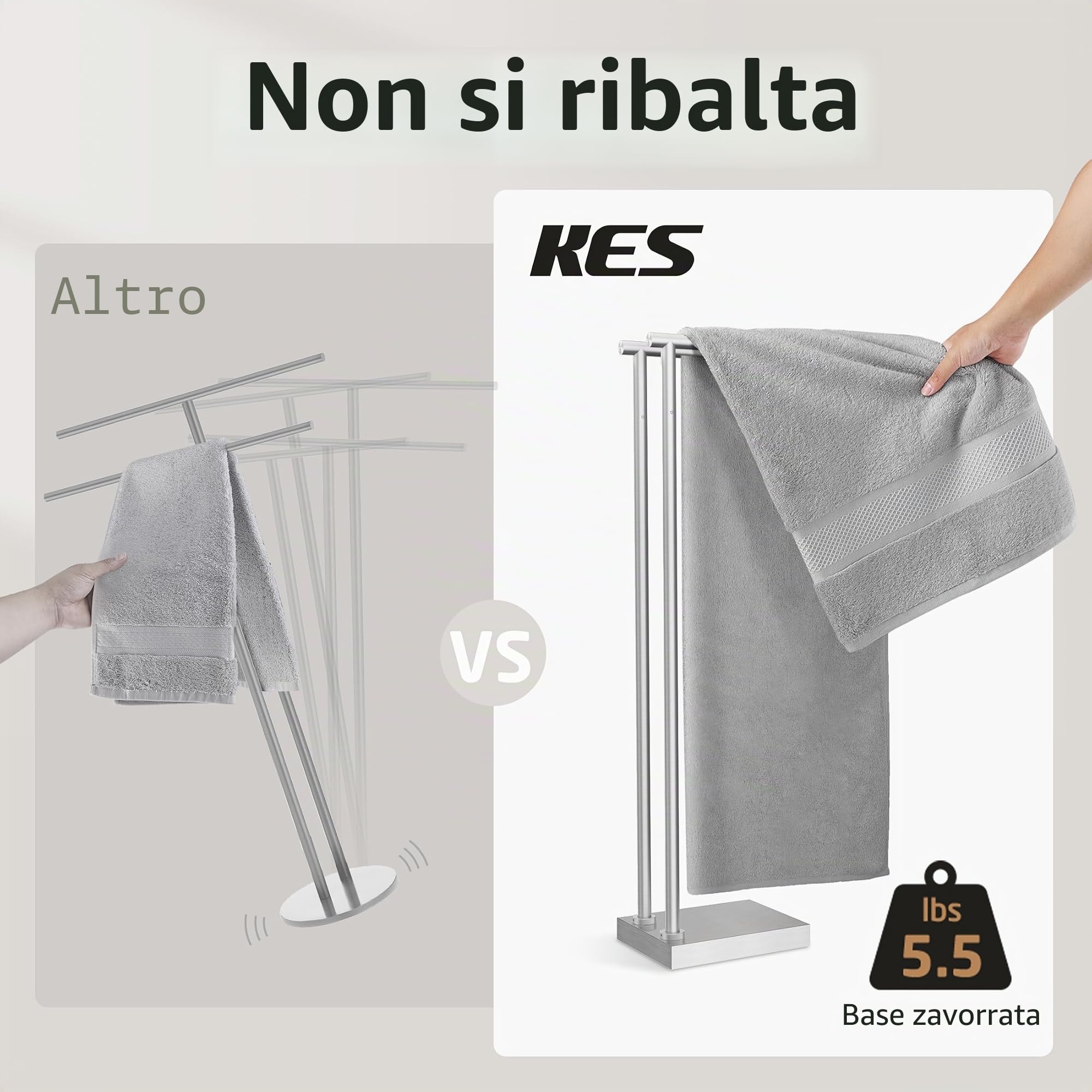 KES Portasciugamani autoportanti per bagno con base 3 volte più spessa, supporto portasciugamani a 2 livelli per pavimento del bagno, design stabile, finitura spazzolata in acciaio inossidabile 18/8