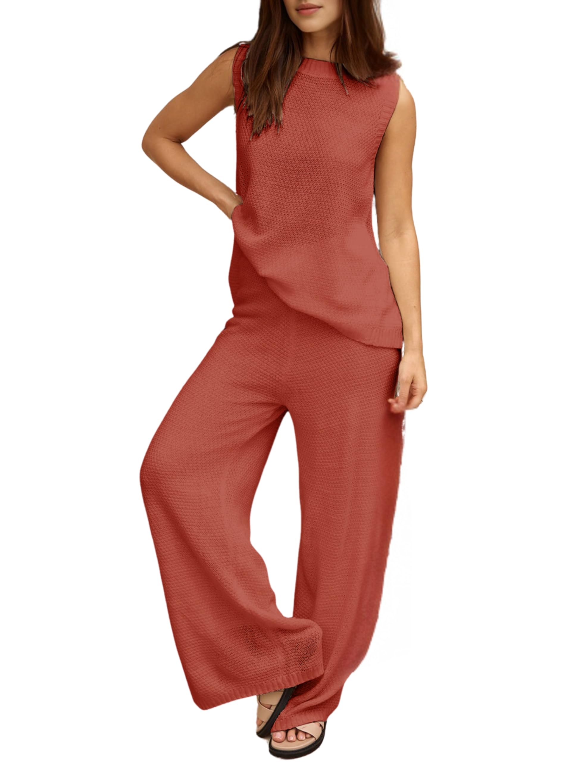 PUWEI Women's 2 Piece Lounge Set Bow Sweater Vest Wide Leg Pants Summer Matching Sets Travel Outfits Knit Tracksuit Sweatsuit