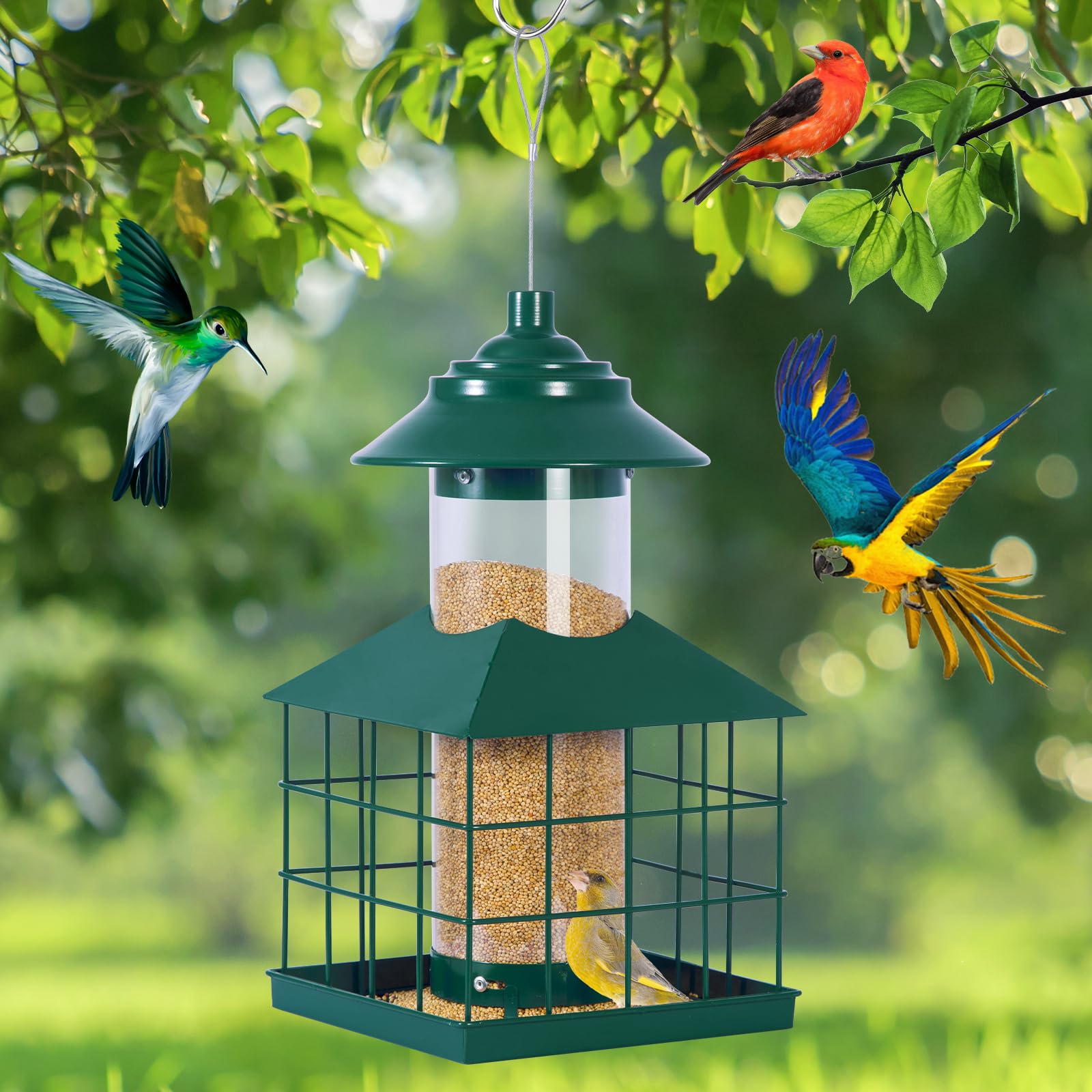 Comedero para pájaros a prueba de ardillas, jaula de metal colgante para exteriores, resistente a la intemperie, comederos para pájaros silvestres con pinzón cardenal, gran capacidad de 3.3