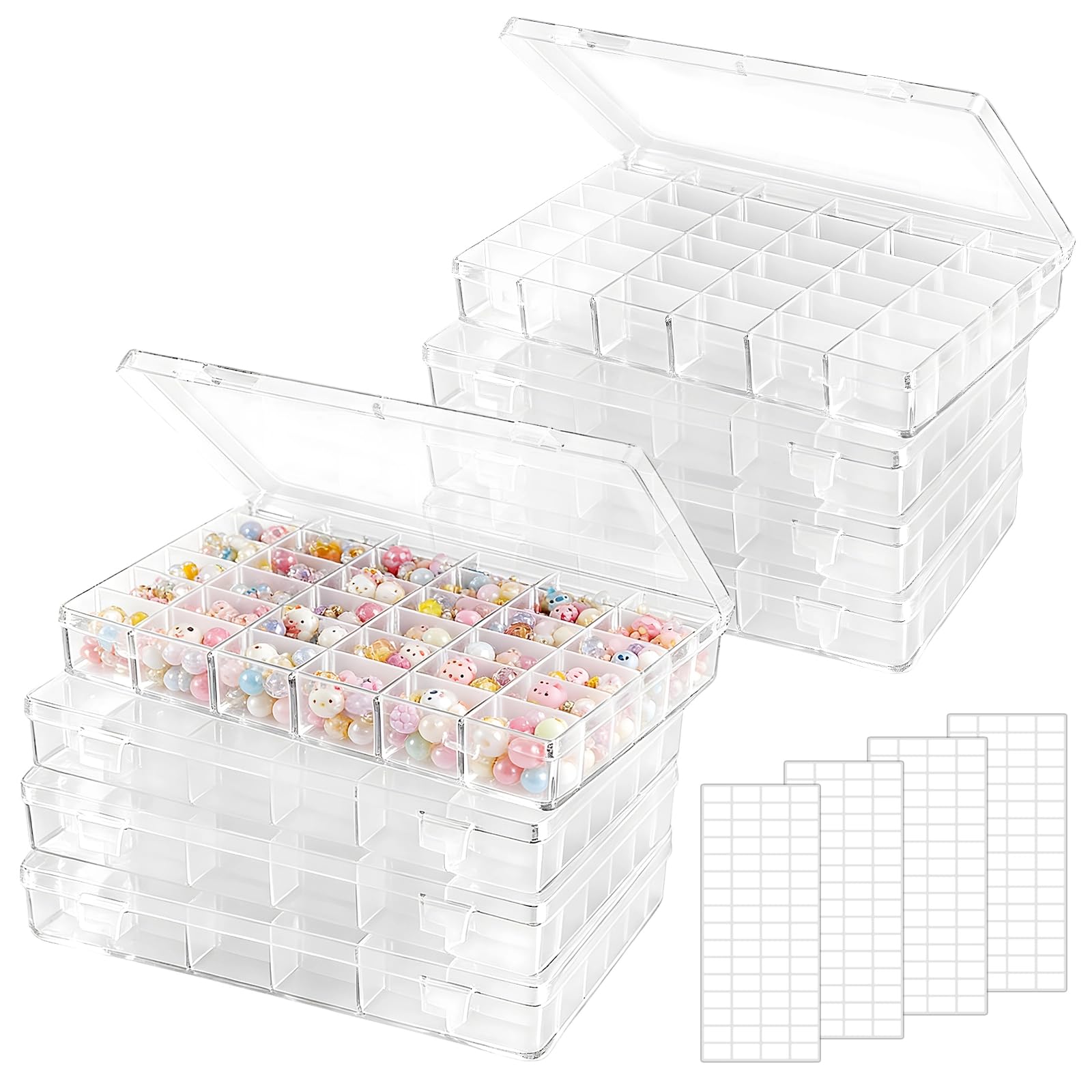 Lot de 8 boîtes de rangement pour perles, organisateur en plastique à 36 compartiments avec séparateurs amovibles et étiquettes, coffret transparent pour bijoux et petits accessoires, 27,4 x 17,5 x