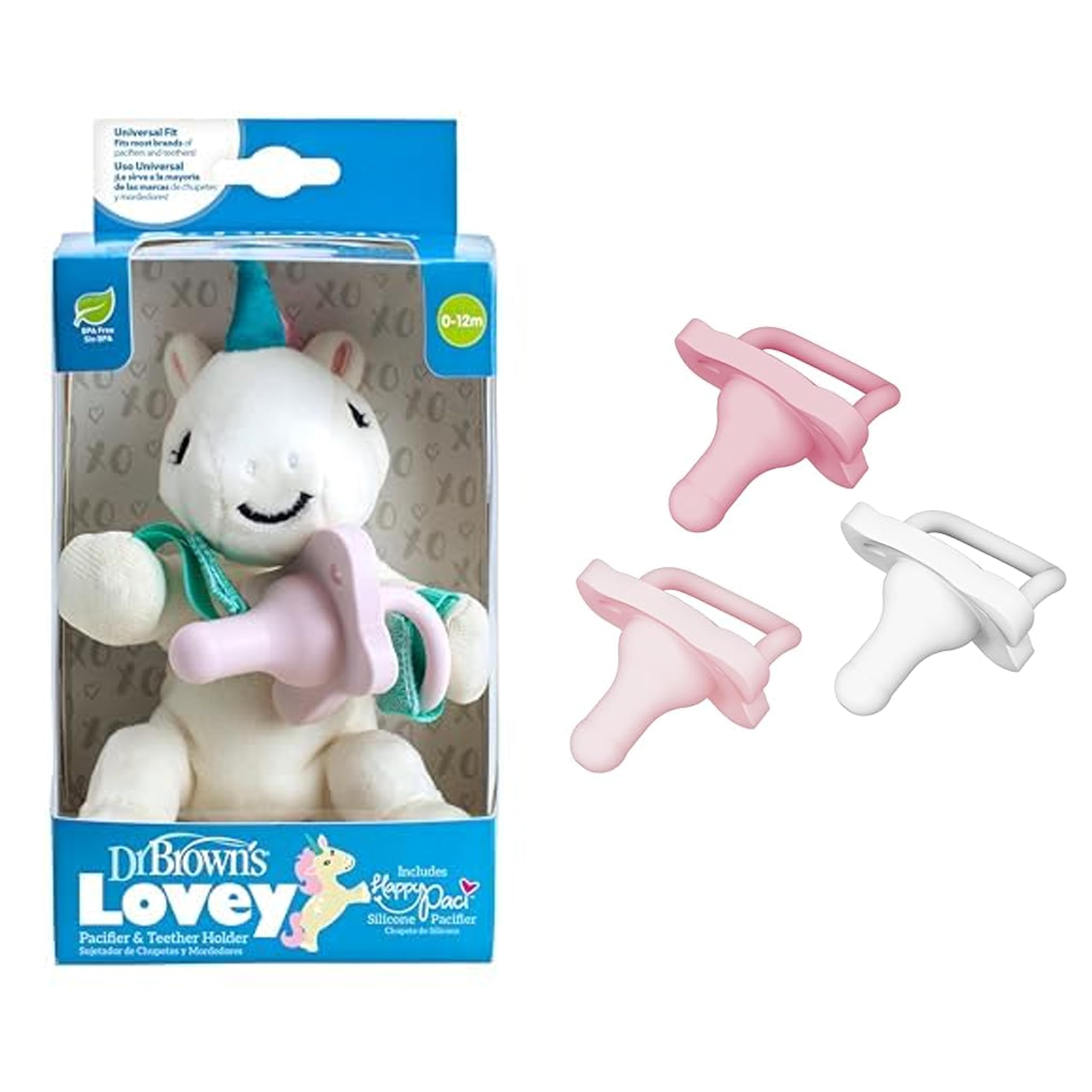 Dr. Brown's Baby Lovey Pacifier Holder with HappyPaci, Unicorn, Silicone Pacifier 0-6m, Teether Holder, 3 Ct Pacifiers
