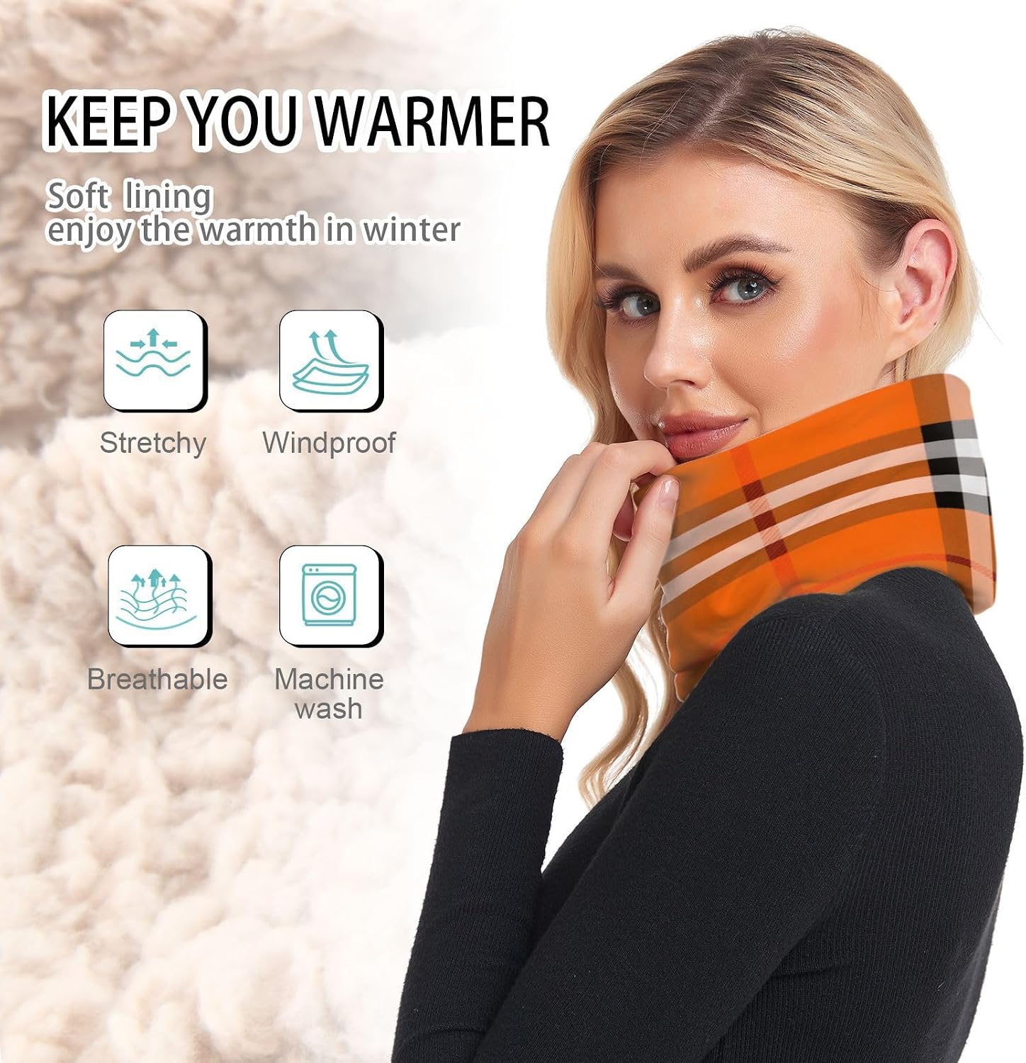 Black White Orange Checkered Plaid Neck Warmer Gaiter for Cold Weather Neck Ski Warmer Thick Windproof Scarves for Men & Women