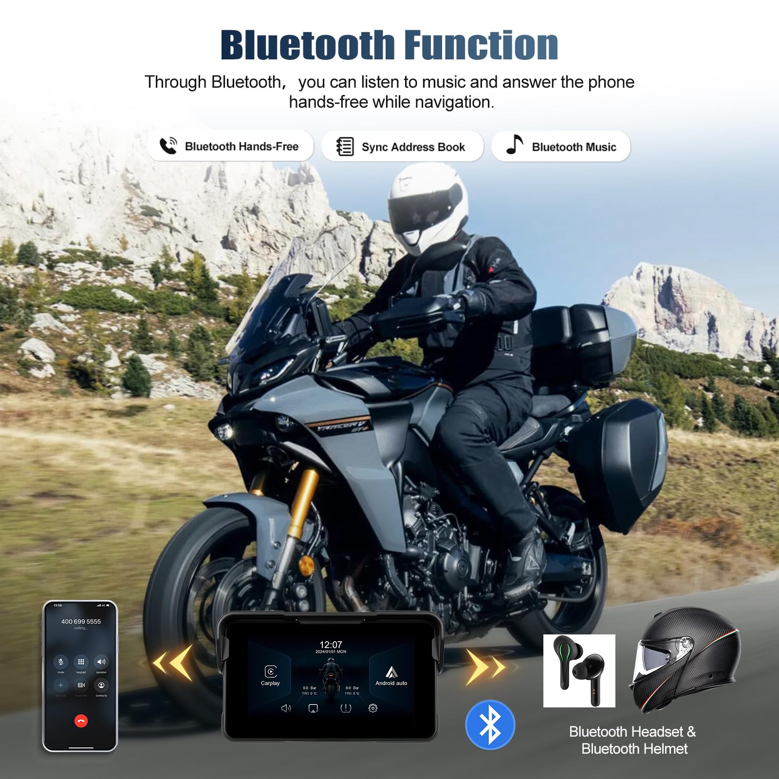 CAMECHO [sans Fil] Écran Moto 5 Pouces IPS HD sans Fil CarPlay & Android Auto Wireless, GPS, Nav, IP68, Bluetooth Moniteur Universel avec Réglage EQ pour Motos
