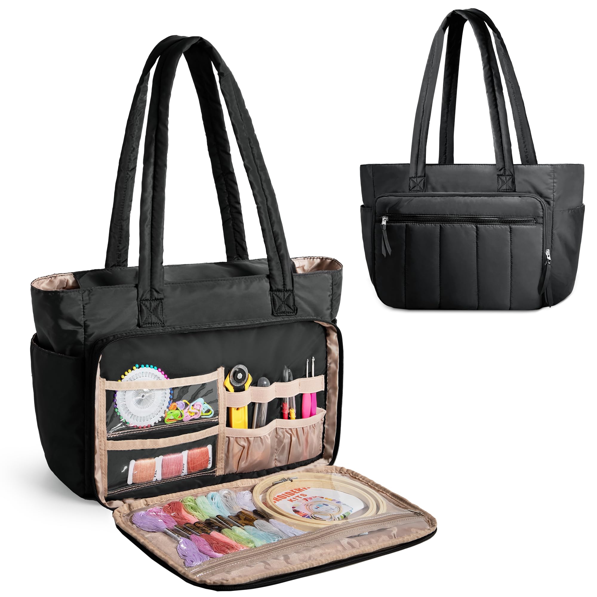 Luxja Sac de Broderie avec Plusieurs Poches, Grand Sac de Projet de Broderie pour Kits de Point de Croix, Noir