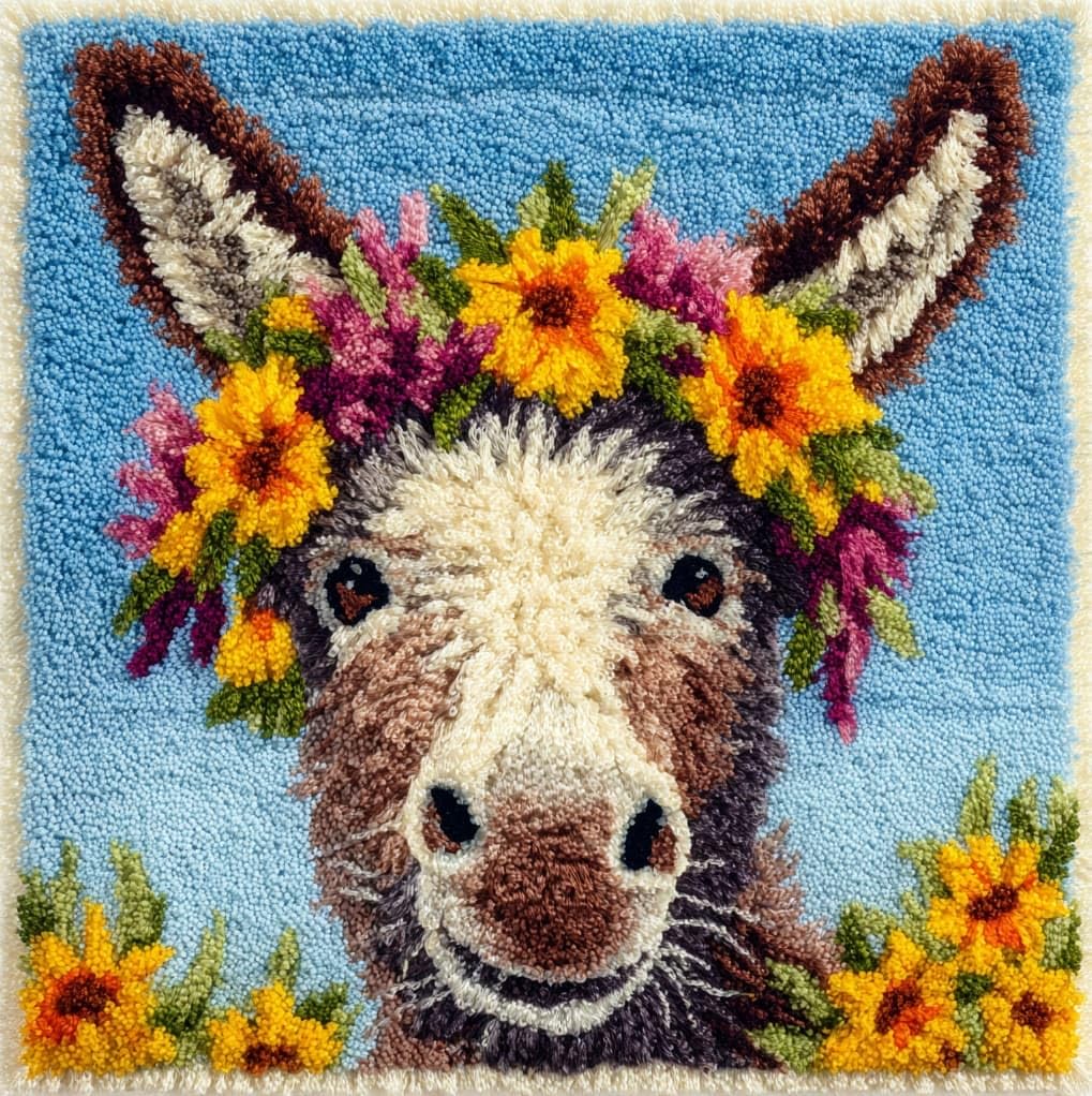 Wallustrioaw Latch Hook Kits Pillow Printed Cushion,Animal Donkey,Needlework Diy Hook Latch Kit Pillowcase Cover Home Sofa Christmas Decoration,17X17in