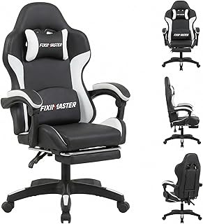 Bürostuhl Ergonomisch mit Fußstütze, Schreibtischstuhl, Racing-Design, Lenden- und Kopfstütze, PU-Kunstleder, Gaming Stuhl, Büro Stuhl, Computerstuhl, Neigbar bis 135°, Schwarz, 150KG