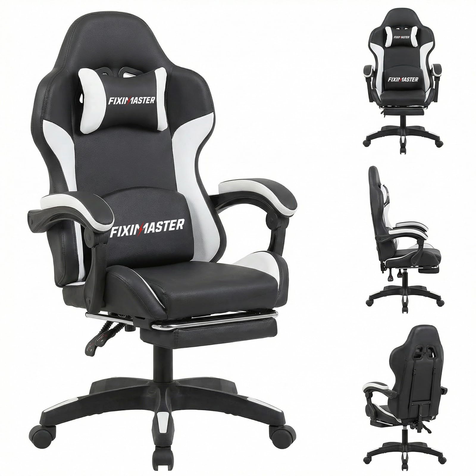 Fiximaster Bürostuhl Ergonomisch mit Fußstütze, Schreibtischstuhl, Racing-Design, Lenden- und Kopfstütze, PU-Kunstleder, Gaming Stuhl, Büro Stuhl, Computerstuhl, Neigbar bis 135°, 150KG