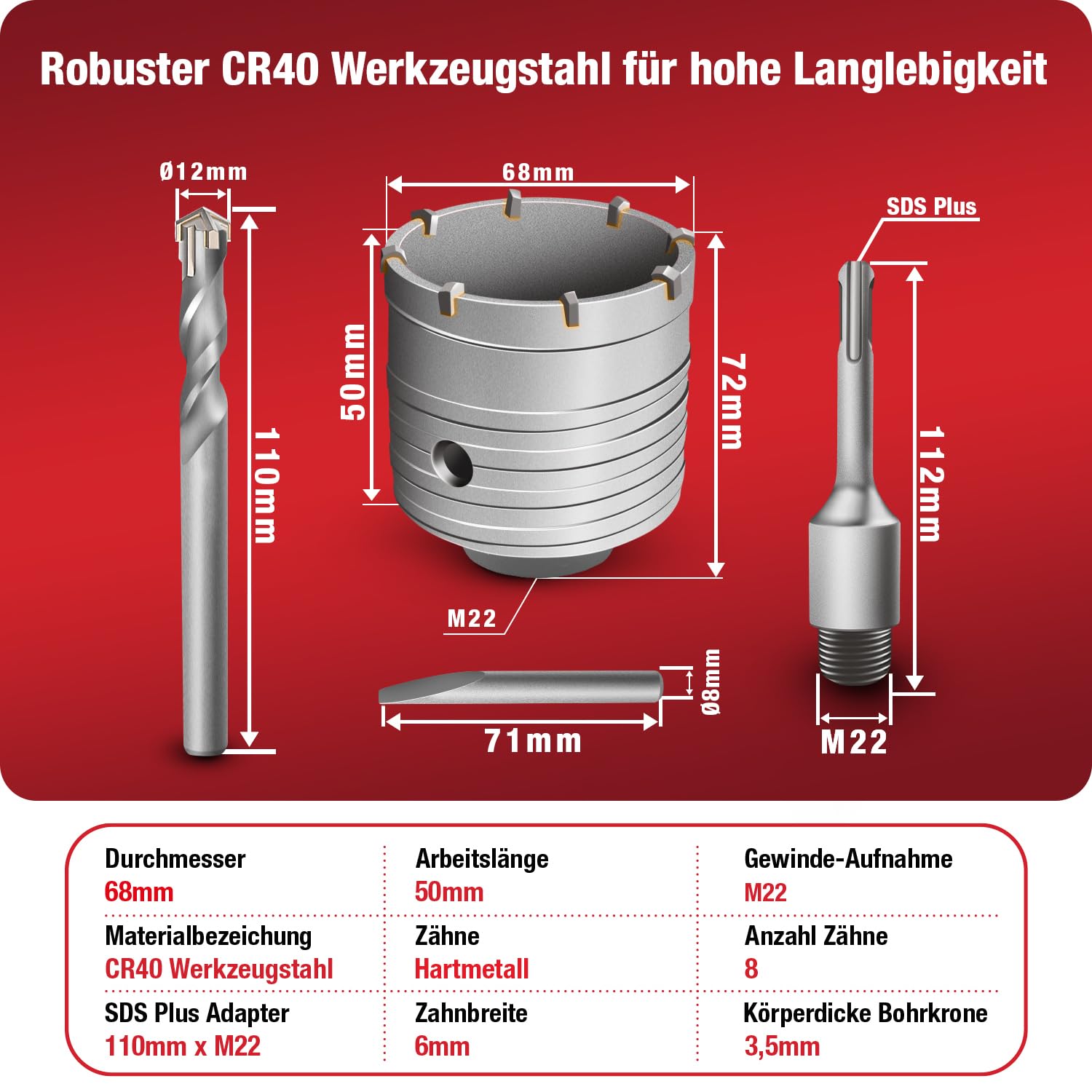SCHWABENBACH® Scie Cloche Béton SDS Plus Ø68 mm | Scie Cloche 68mm avec Foret de Centrage - Trépan Béton M22 en Acier CR40 avec Dents en Carbure - Foret SDS - Foret SDS Plus