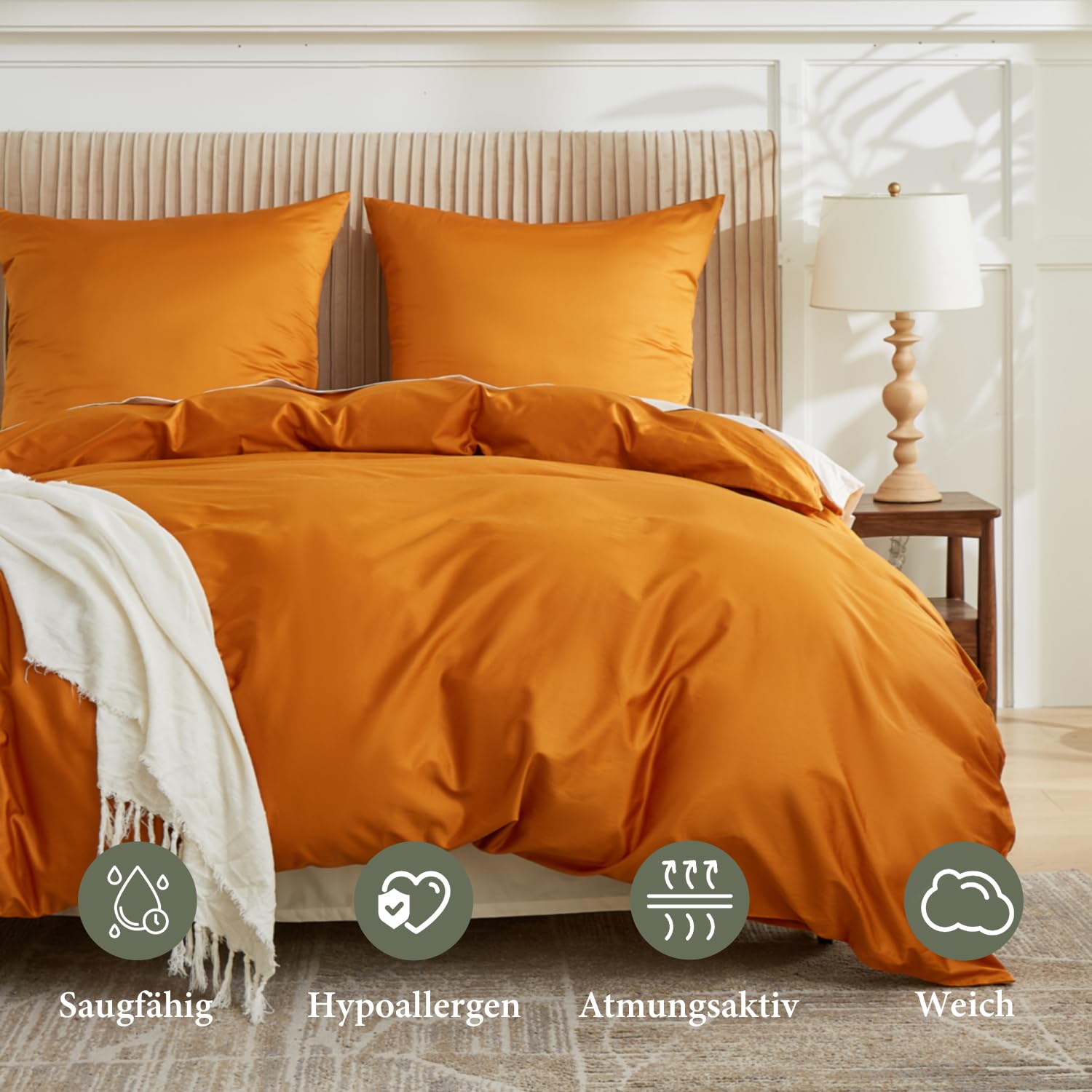 Simple&Opulence Luxus Bettwäsche 155x220 Orange, 100% Ägyptische Baumwolle, 400TC Satin Optik Bettbezug und 1 Kissenbezug 80x80 cm für den ganzjährigen Gebrauch