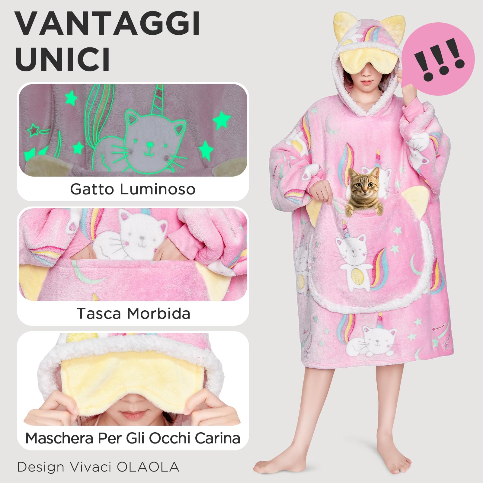 OLAOLA Gatto Felpa con Cappuccio Indossabile che si Illumina al Buio,Felpa Oversize con Cappuccio e Tasche, un Grazioso Regalo di Compleanno e Natale per Adulti