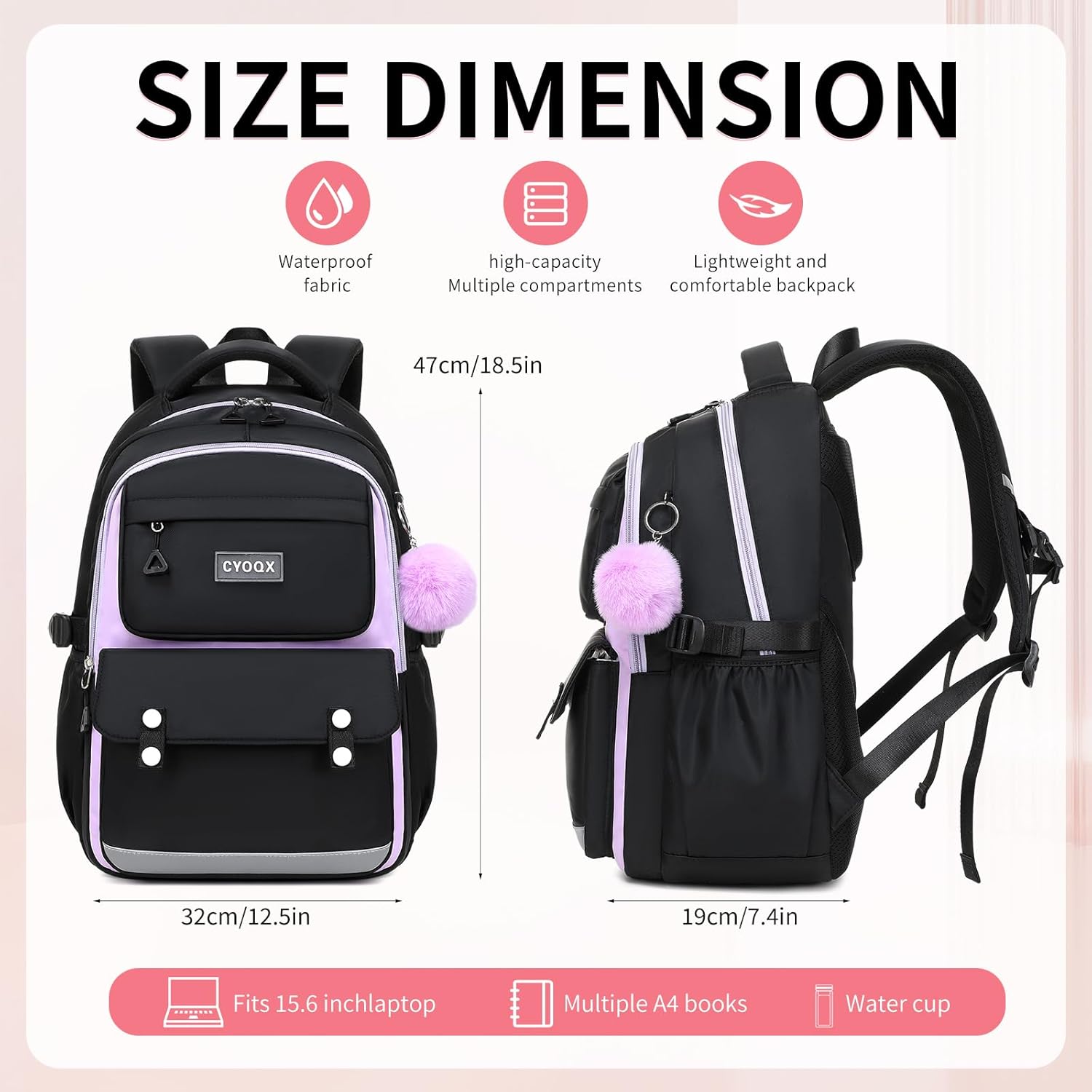 School Backpack for Girls Cute Backpack Elementary Middle School High School Teenage Girls Schoolbag (Black Purple) - Image 2