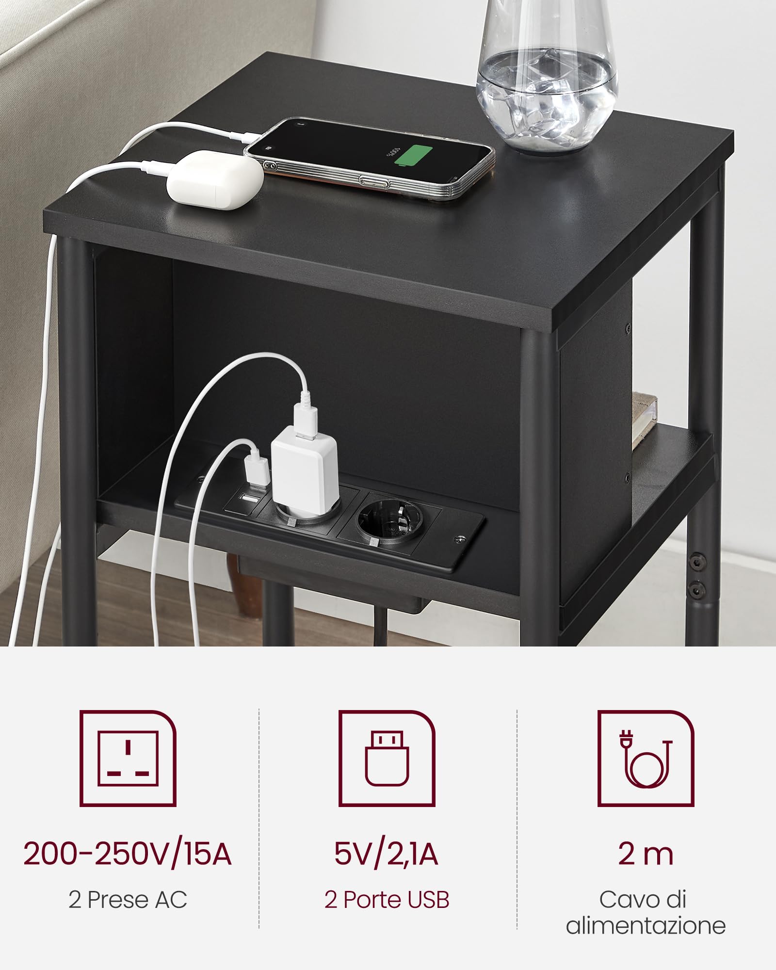 Tavolino Con Multipresa USB - 2 Prese AC, 2 Porte USB, Nero, 30x34x58cm, Per Soggiorno O Camera - Foto 3