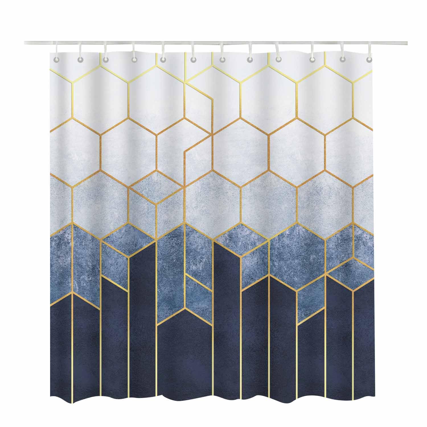 Woutay Shower Curtain Mould Proof Resistant Blue Hexagons Geometric Pattern,Water Repellant Fabric,Polyester,with 12 Plastic Hooks,Size 180x180CM - Image 2