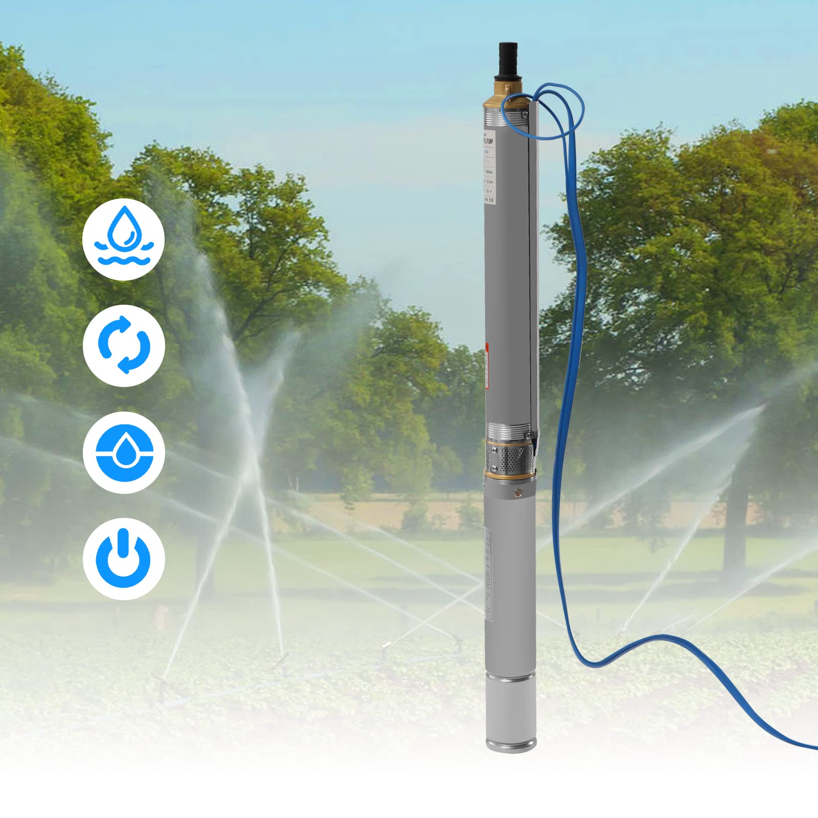 Bomba de agua, 110 V, 370 W, bomba de pozos profundos, acero inoxidable, caudal de 3,6 m³/h, cable de 10 m, bomba sumergible para pozos, riego de granjas