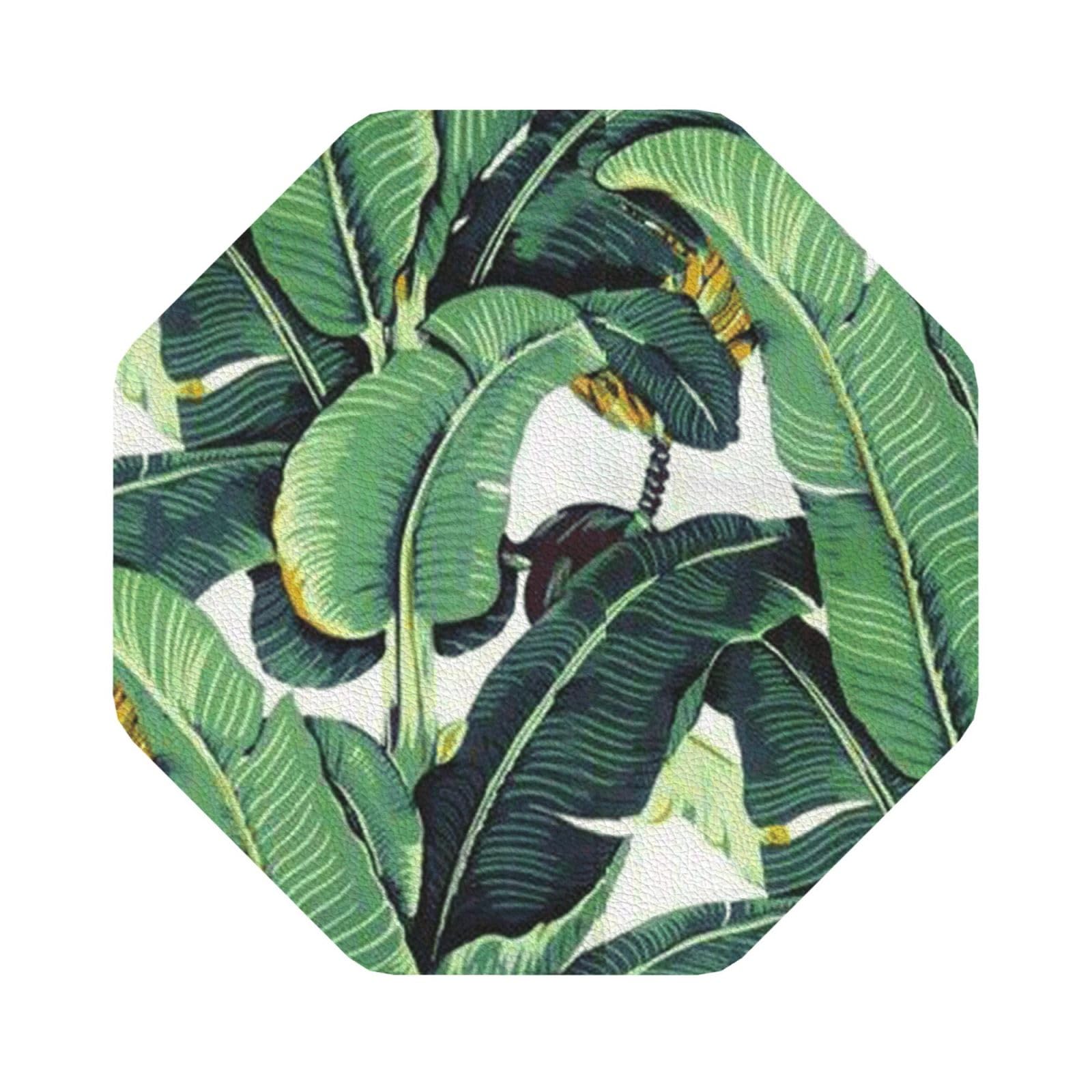 Tropical Banana Palm Leaves PU Leather Coasters Set of 6 Octagon Drink Coasters
