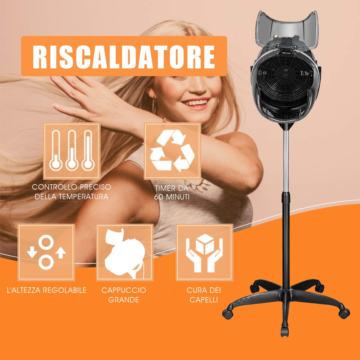 DREAMADE Casco Asciugacapelli Professionale in Piedi con Cappuccio Portatile Altezza Regolabile per Barbiere Salone Parrucchiere 1050 W, Temperatura 40-75 °C, Timer 0-60 Minuti, Altezza 125-160 cm