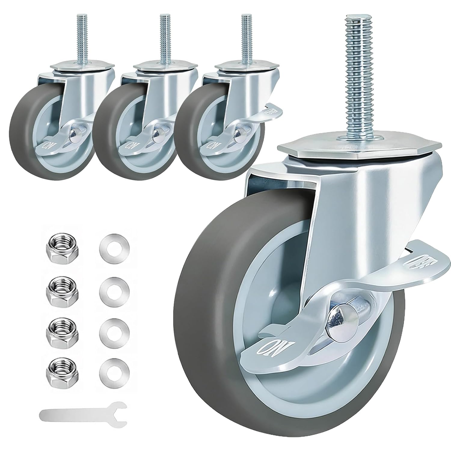 Heavy Duty Threaded Stem Casters Set of 4, 3 Inch Caster Wheels with Brake, Swivel Wheels for Furniture, Replacement Casters for Workbench, Cart, Cabinet and Equipment (Diameter 3/8", Length 1-1/2")