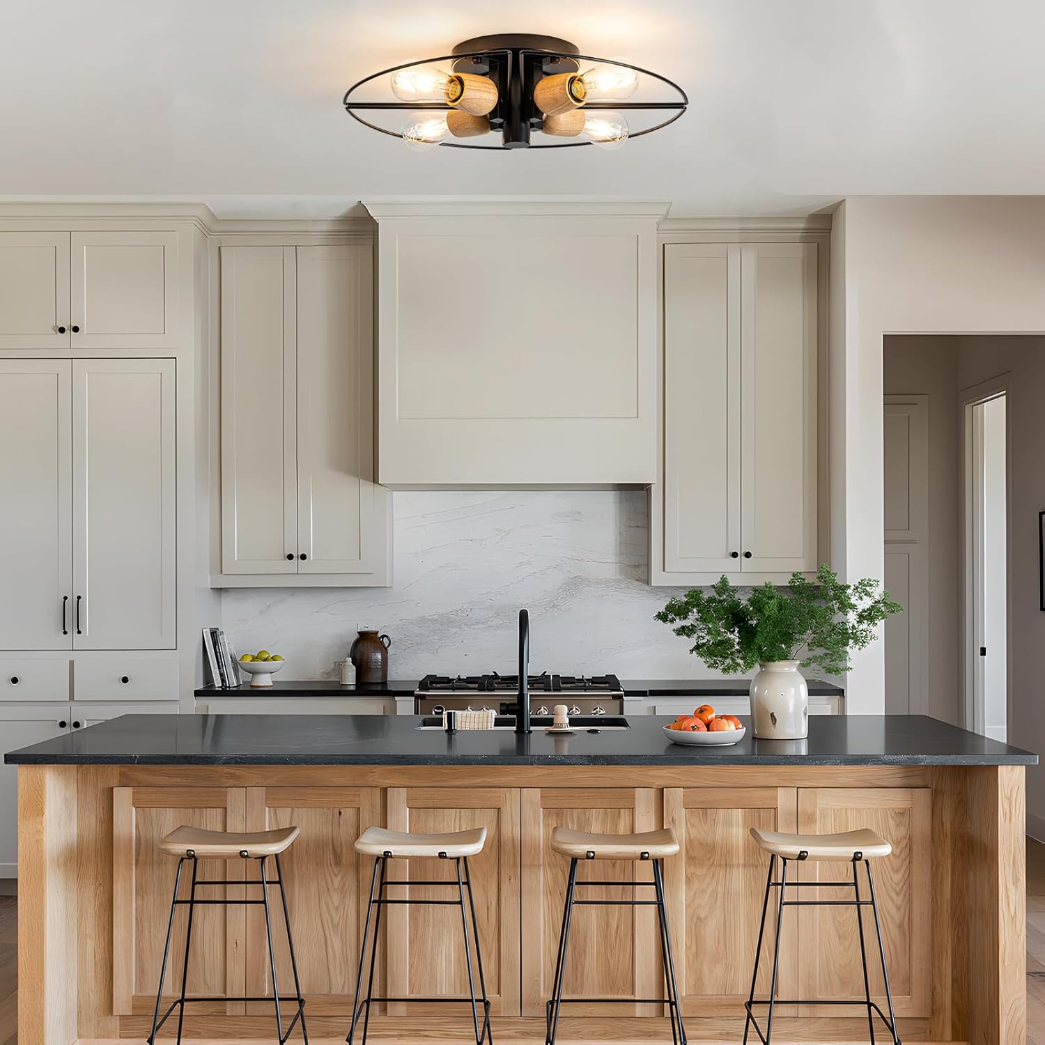 4 Light Sputnik Light Fixture Black Flush Mount Lights Industrial Ceiling Light Wood 21" Modern Farmhouse Ceiling Lights for Kitchen Bedroom Bathroom Foyer Hallway(E26)