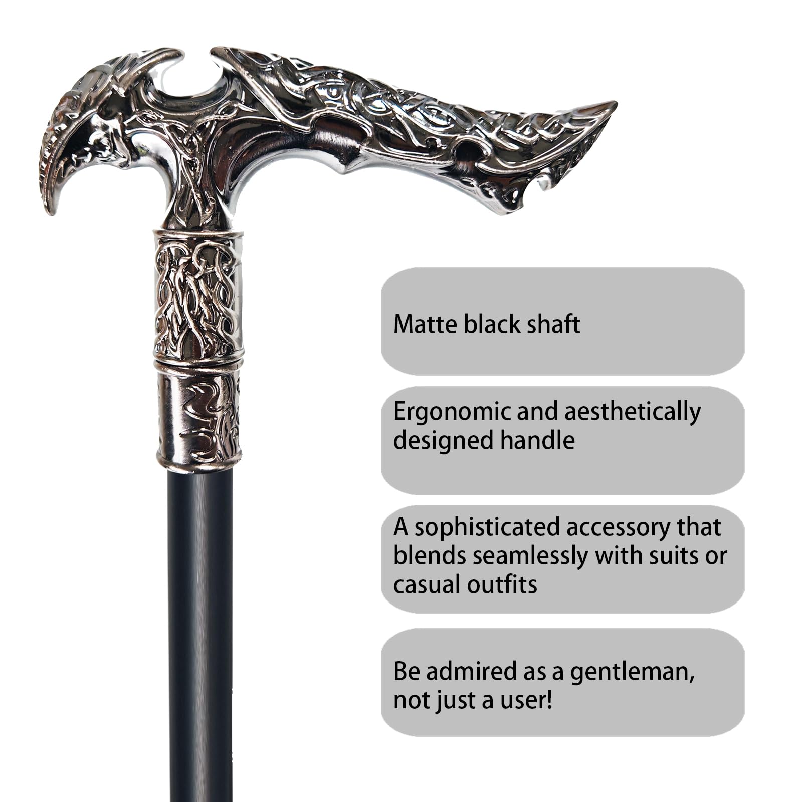 Gehstock für Männer, Frauen und Senioren, 91,9 cm, strapazierfähig, 150 kg Kapazität, ergonomischer Griff, verziert, dekorativ, stilvoll, schwarzer Metall-Gehstock