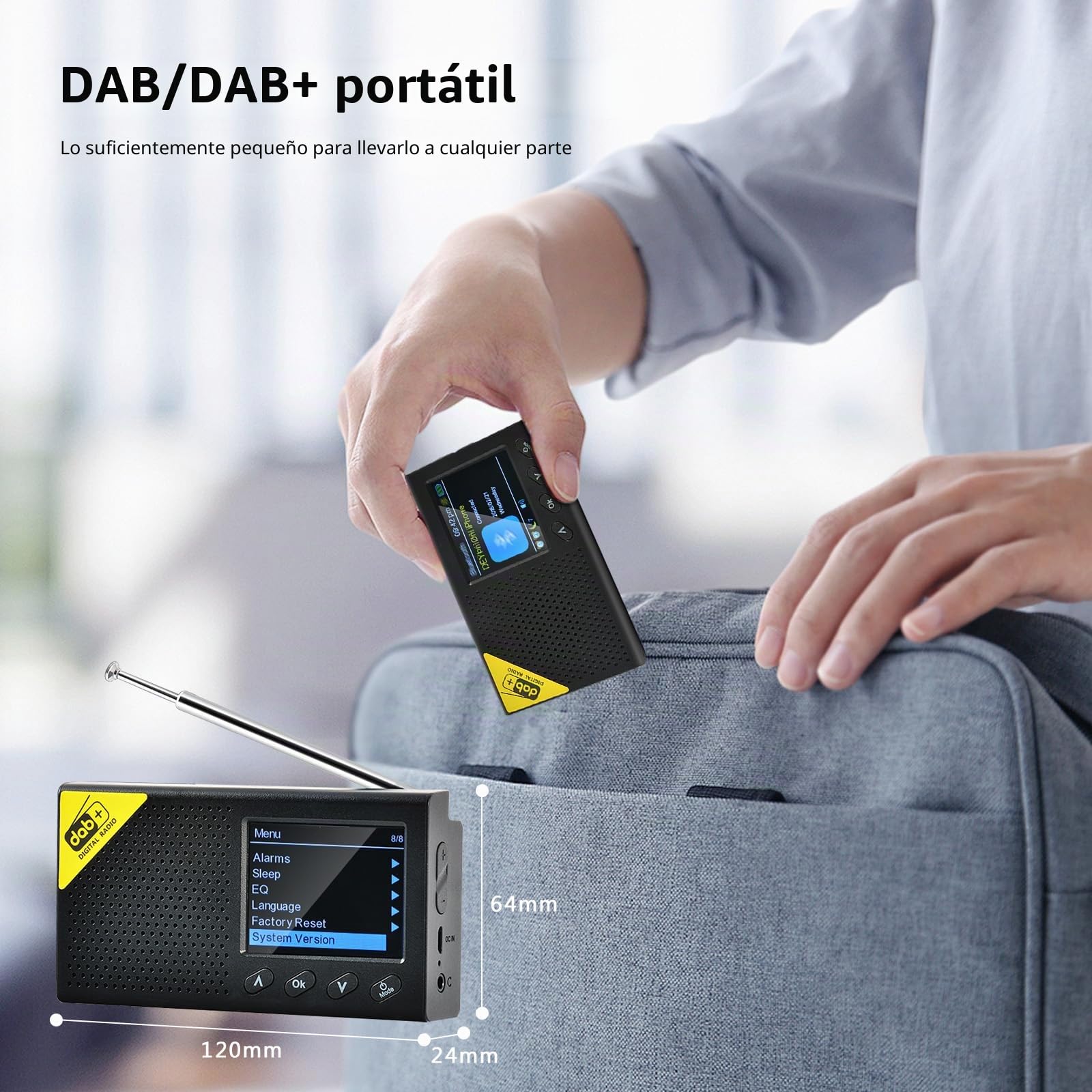 Hikity Dab Radio Portátil Pequeña, Radio Digital Dab Plus con Bluetooth, Dab+ Radio FM Recargable, Despertador Doble, Interfaz AUX, Cocina/Camping Radio Portátil, 9 Lenguas