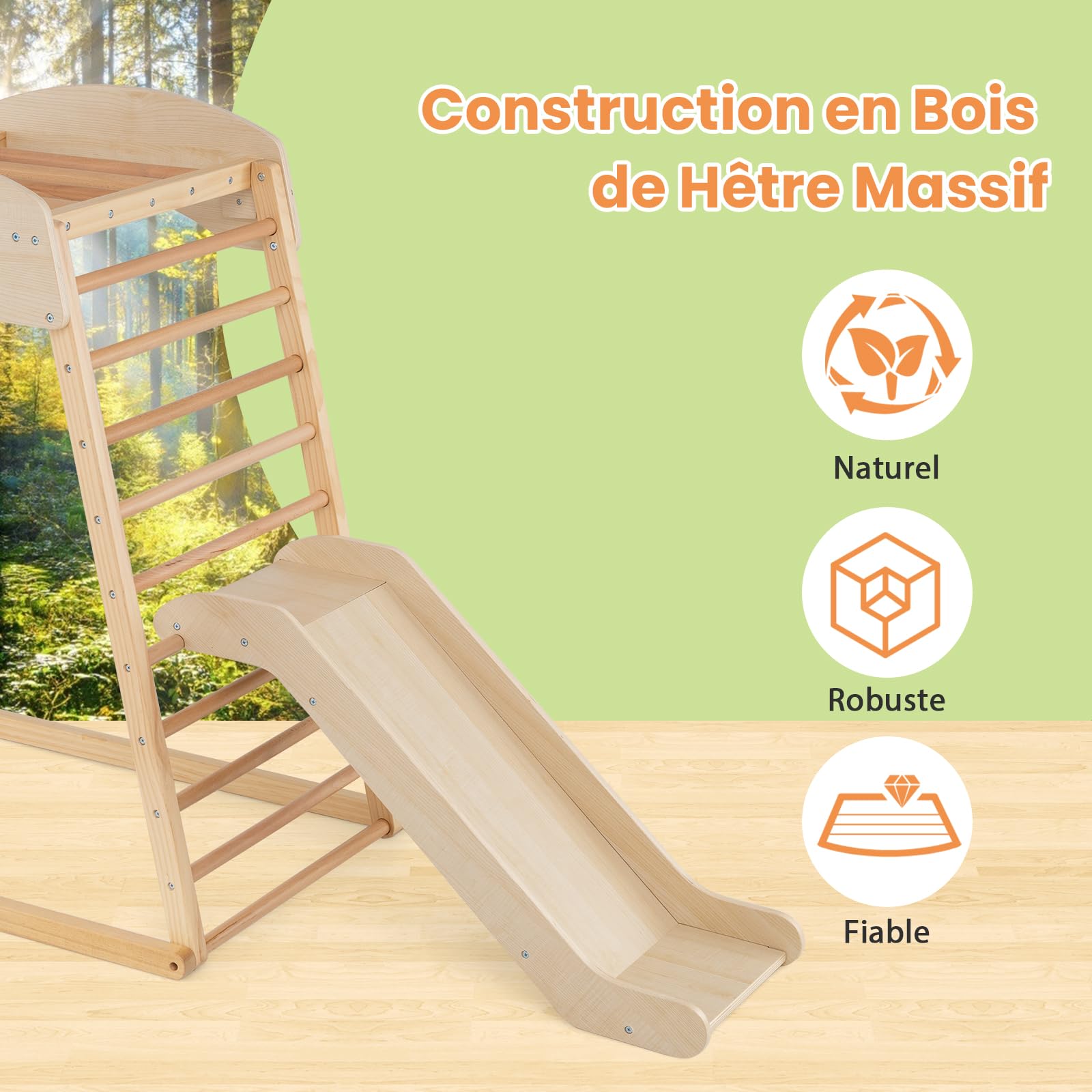 GOPLUS 4 en 1 Triangle d’Escalade Montessori, Triangle Escalade avec Toboggan et Filet d’Escalade Aire de Jeux Montesorri, Charge 50KG pour Enfants 1 an+ (Naturel)