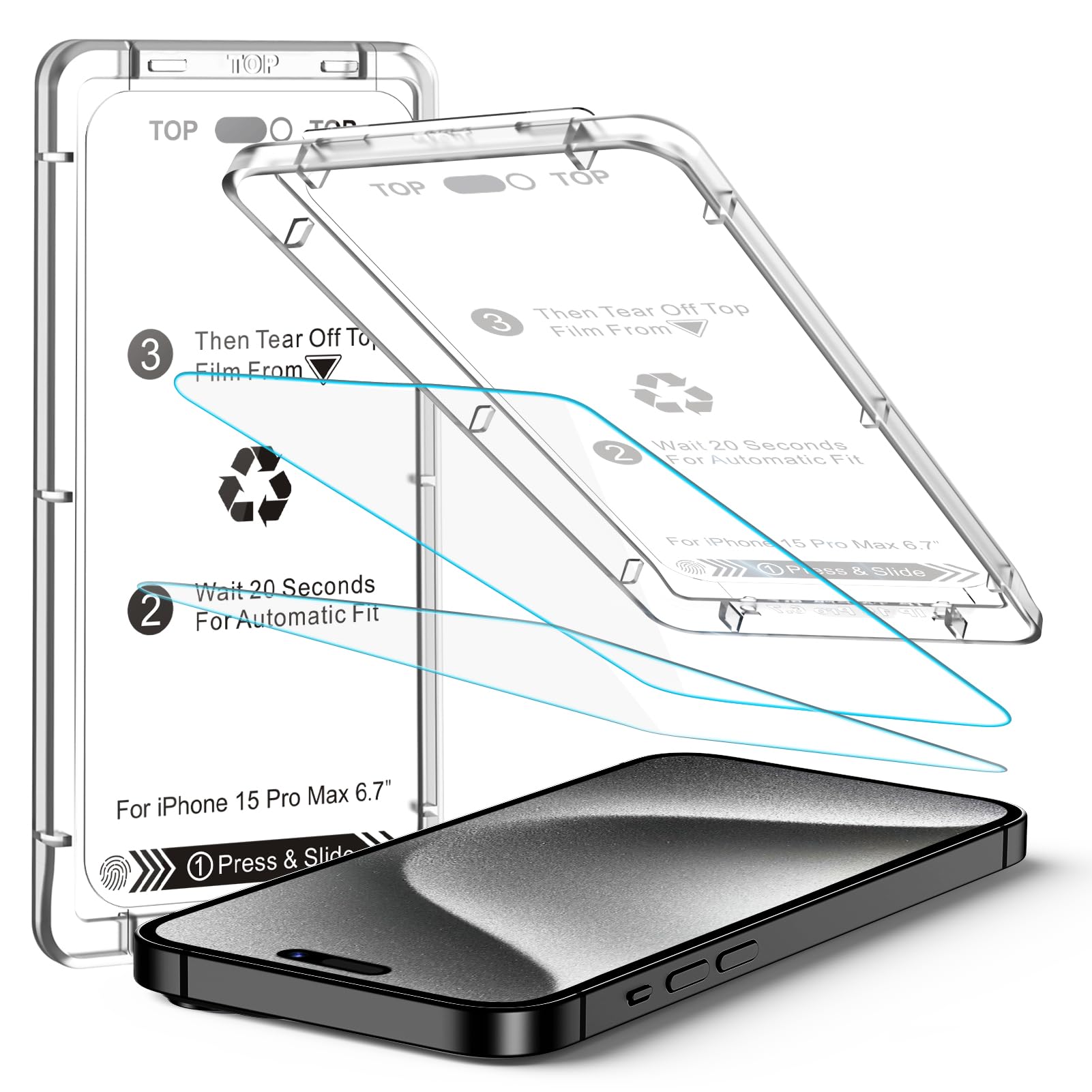 2 Pack [Eco-Friendly & Reduce Glass Waste] Screen Protector for iPhone 15 Pro Max[6.7 inch] 9H Hardness Scratch Resistant Tempered Glass Film, 20 secs auto-fits & Ease of Installation