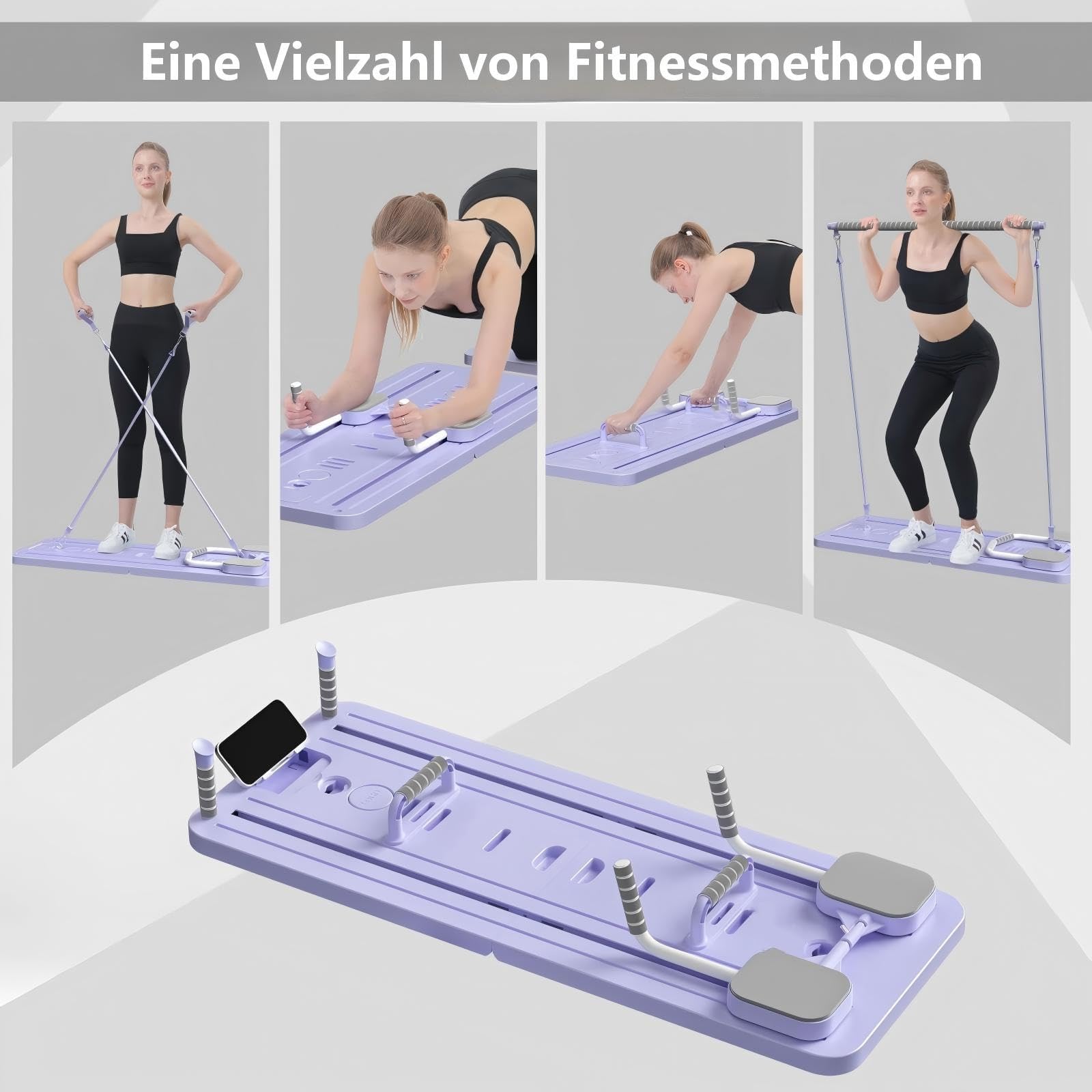 Pilates Board,Upgraded Multifunctional Faltbarer Pilates Reformer,Automatisches Rebound Bauchmuskeltrainer Mit Widerstandsband,Exercise Board for Home Exercises,Lila