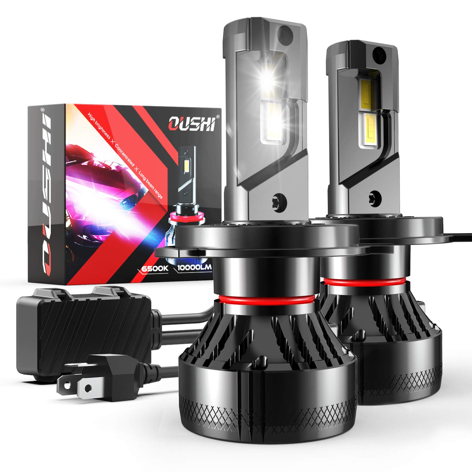 OUSHI Bombilla H4 LED Coche, 110W 20000LM Canbus 6500K Xenon Blanco 9003 HB2 Alto/Bajo LED Bombillas Faros Delanteros para Coches Kits de Conversión (Paquete de 2)