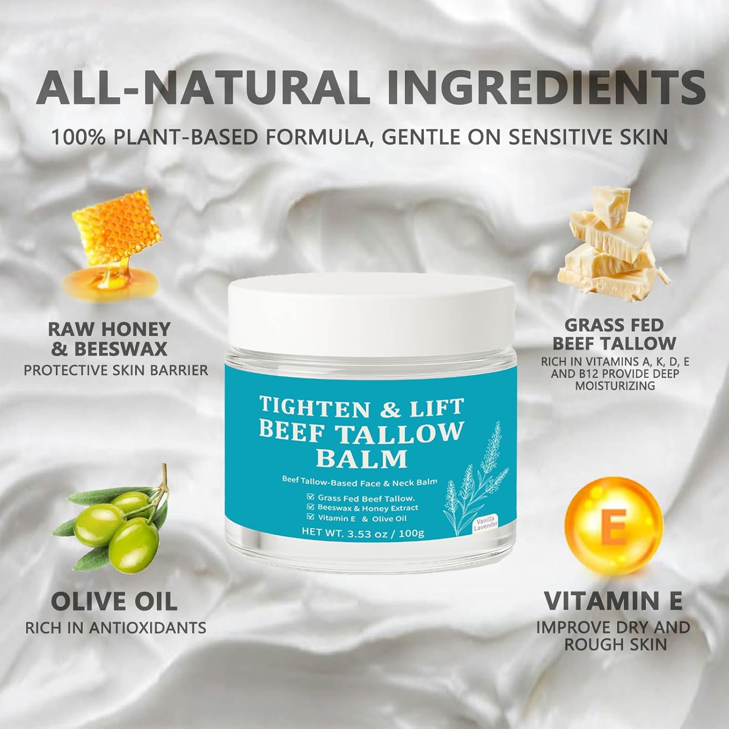 Tighten & Lift Beef Tallow Balm, Beef Tallow-Based Face & Neck Balm, Grass Fed Beef Tallow Beeswax & Honey Extract Moisturizer for Tightening and Firming (1) - Image 2