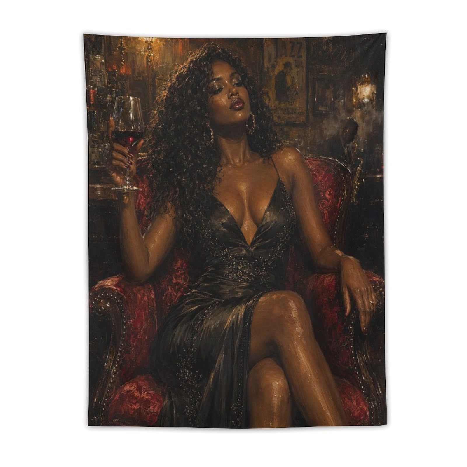 W7C8U2X3 Elegant Black Woman Feather Dress Wall Tapestry, College Dorm