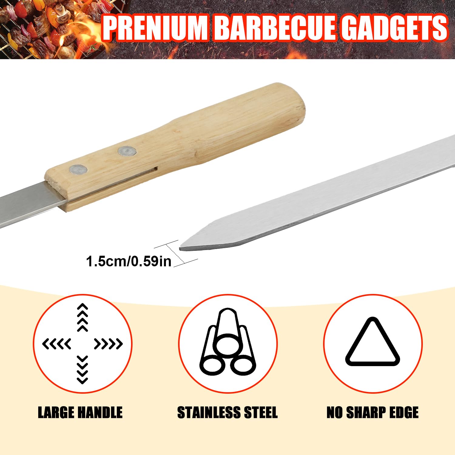 SHIKORI Pinchos de Kabob, pinchos para barbacoa, palos de acero inoxidable, 23 pulgadas, resistentes, grandes, anchos, reutilizables, con madera antideslizante, 12 piezas