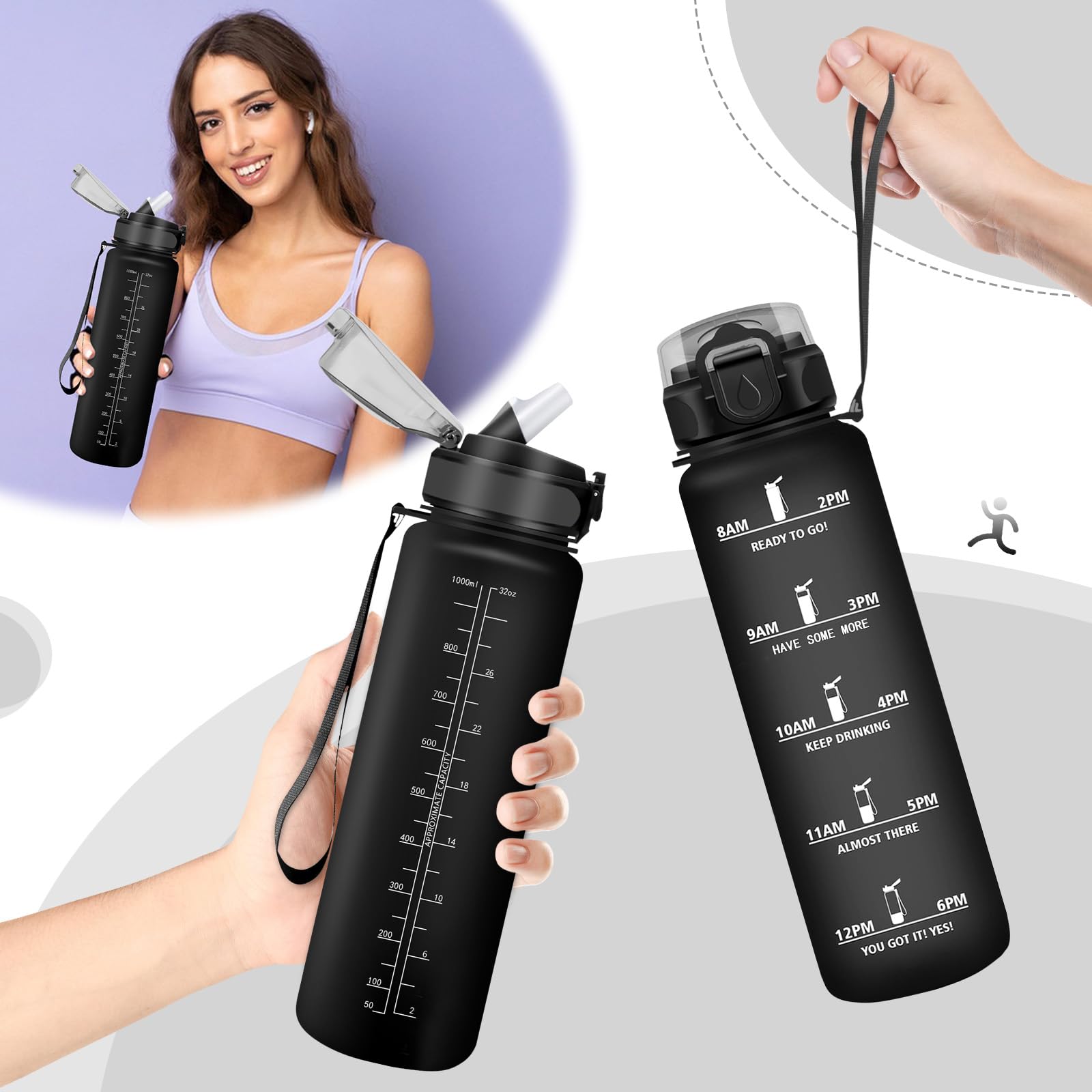 Borraccia 1 Litro Motivazionale - Senza BPA, Antigoccia, Con Cannuccia, Per Sport E Scuola