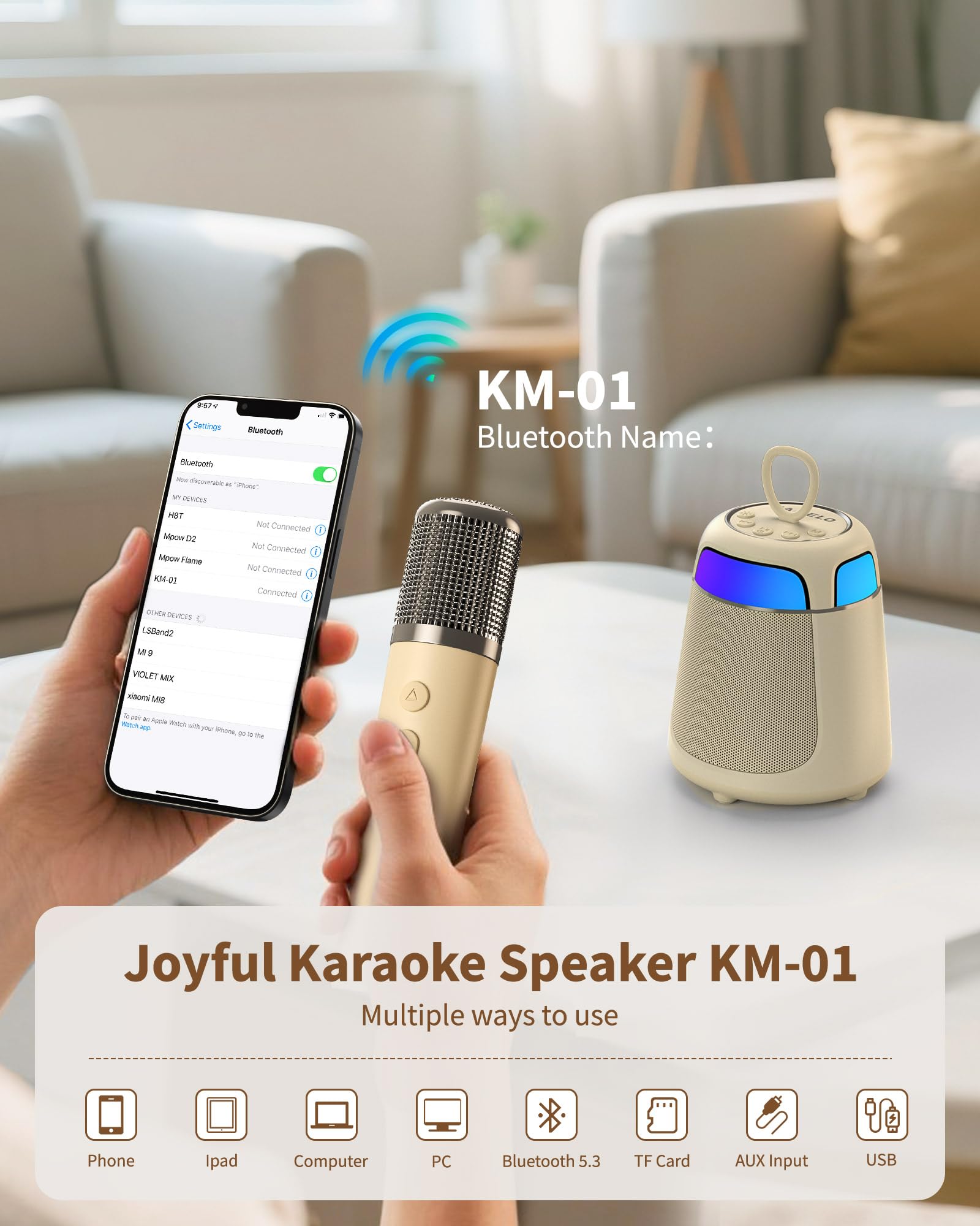 Karaoke Maschine mit 2 Mikrofonen, 2-in-1 Hochwertige Version Karaoke Anlage mit 10W Lautsprecher, Tragbare Bluetooth Maschine für Kinder und Familie, LED Beleuchtung mit 5 Stimmeneffekten, Geschenk
