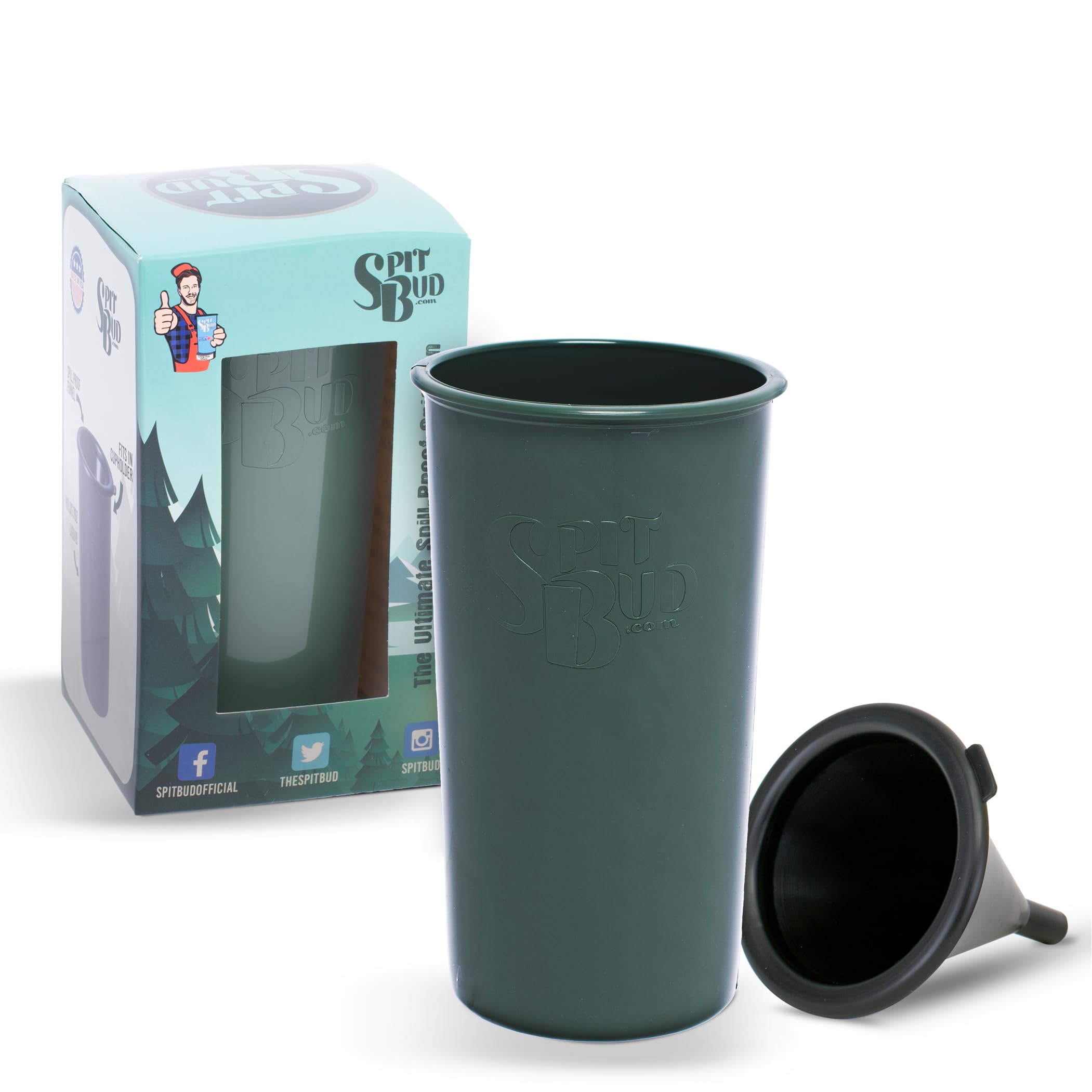 Original Olive Green Spittoon For Chewing - Portable Dip & Snuff Cup with Lid, Pop Tab, Spill-Proof Funnel - Fits Most Cup Holders - Holds 8oz, 4x4x7