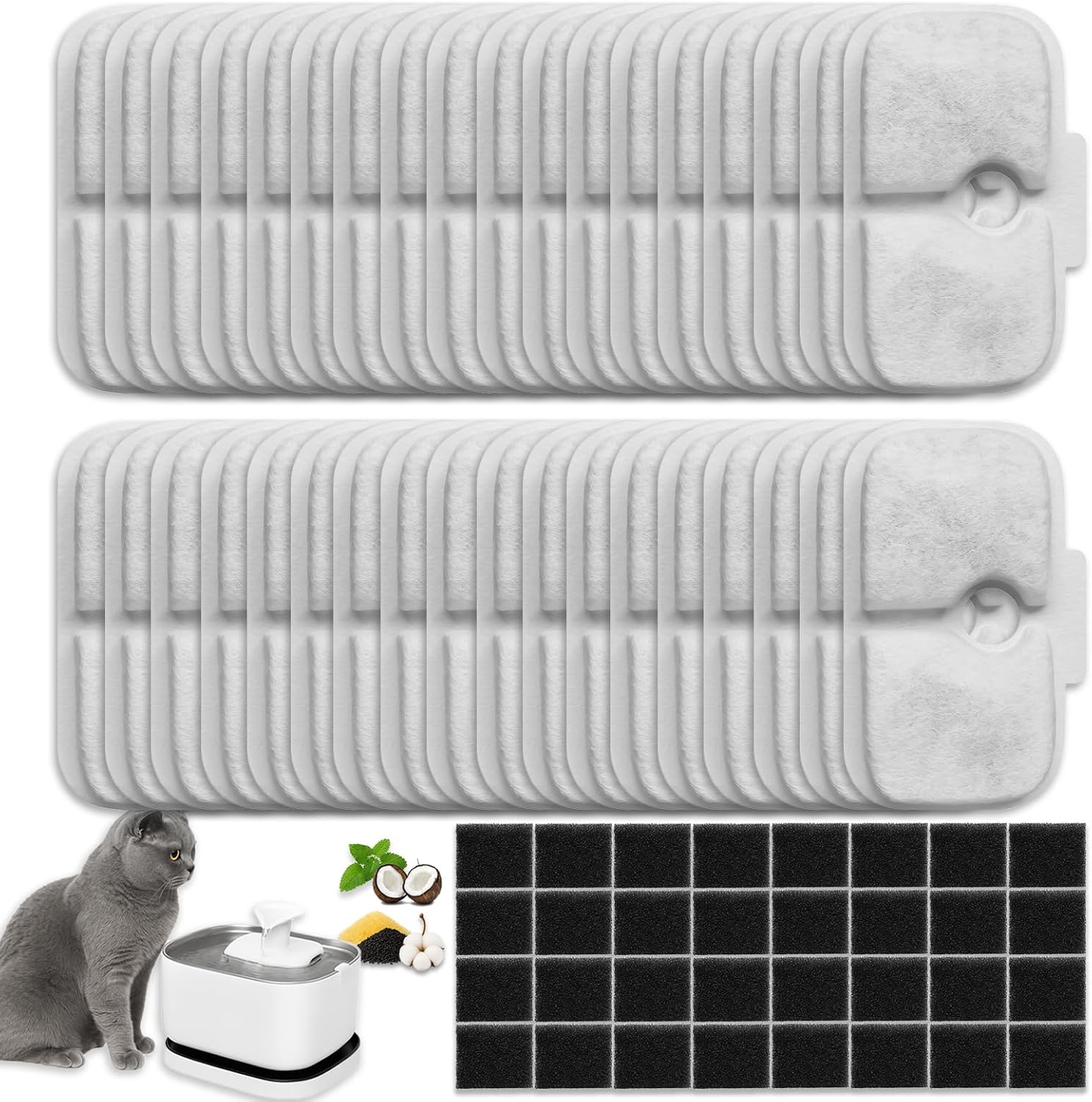 32+32 Pack Replacement Filters for PETLIBRO Dockstream Cat Fountain PLWF115/PLWF105/PLWF005, 32 Filters + 32 Sponges Replacement Kit, 1-Year Supply