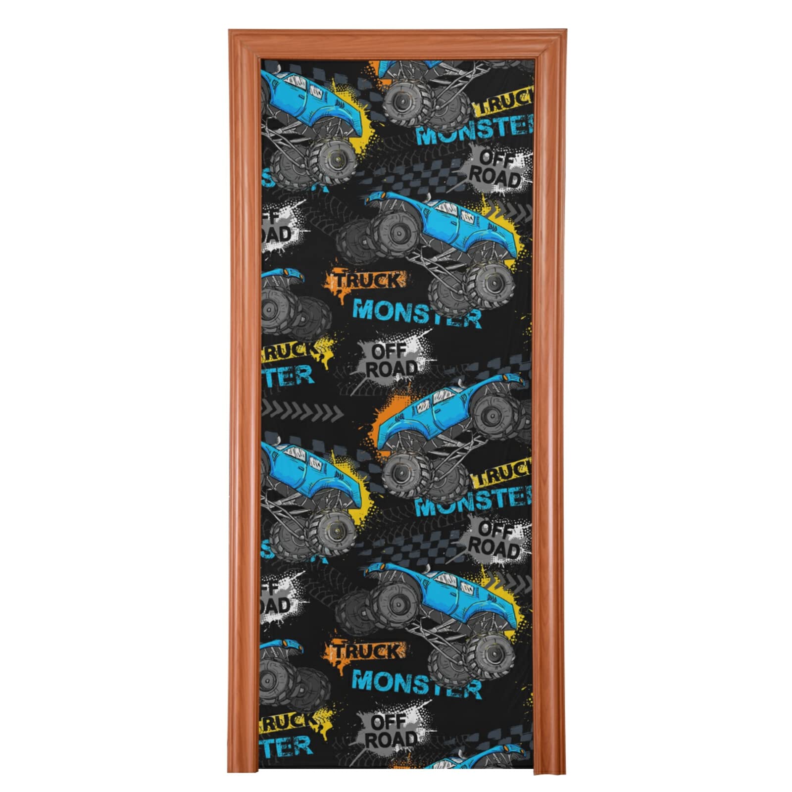 Poeticcity Blue Truck Car, Trace of Tire, Drive and Speed on Black Door Cover, Washable Fabric Durable Door Decoration Silk Microfiber for Front Door Porch Home Indoor Outdoor Party 36x98 inches