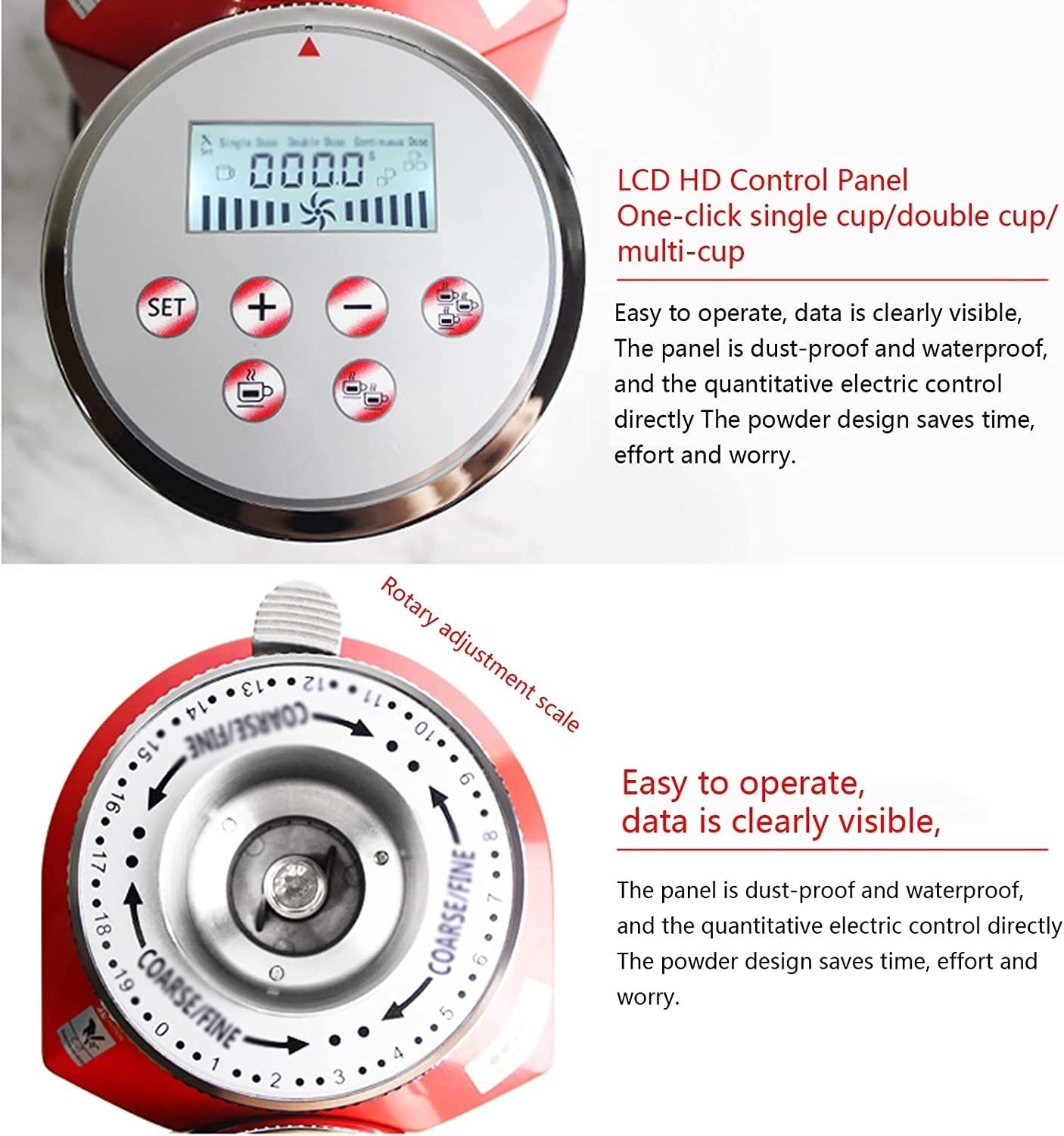 Molinillo de café eléctrico con muelas, Molinillo de café eléctrico con 19 ajustes de molienda precisos, cafetera eléctrica de Gran Capacidad de 1500 g.(Red,Manual Control Grinder)