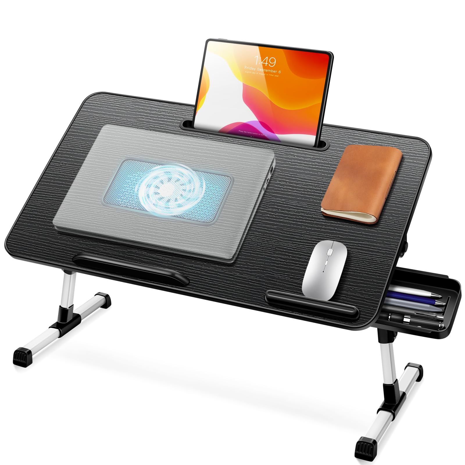 A3A ACADGQ Tavolino da Letto, Tavolo Laptop Pieghevole con 4 Interfaccia USB, Cassetto, Slot per Tazza, Supporto per Tablet, Scrivania per Letto, Divano, Pavimento (60x40cm, Marrone