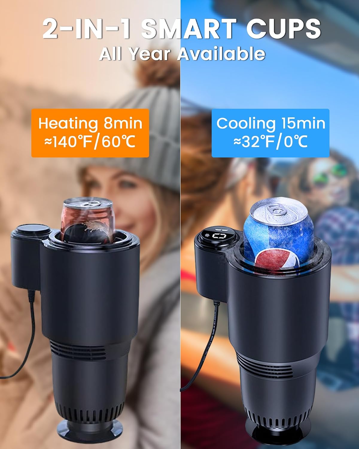 2-in-1 Car Cup Cooler & Warmer for Water Coffee Drinks All Year Useful, Summer Accessories of 12V Plug in Smar Cooler Cup for Car SUV Van Pickup Truck RV Vehicle Cup Holders