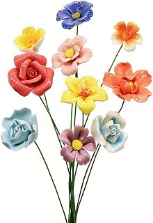 Colorful Ceramic Flowers with Stems Handcrafted Porcelain Floral Picks for Vase Eternal Clay Home Ornaments for Wedding Decorative Items for her Office and Living Room (Lemon Yellow)