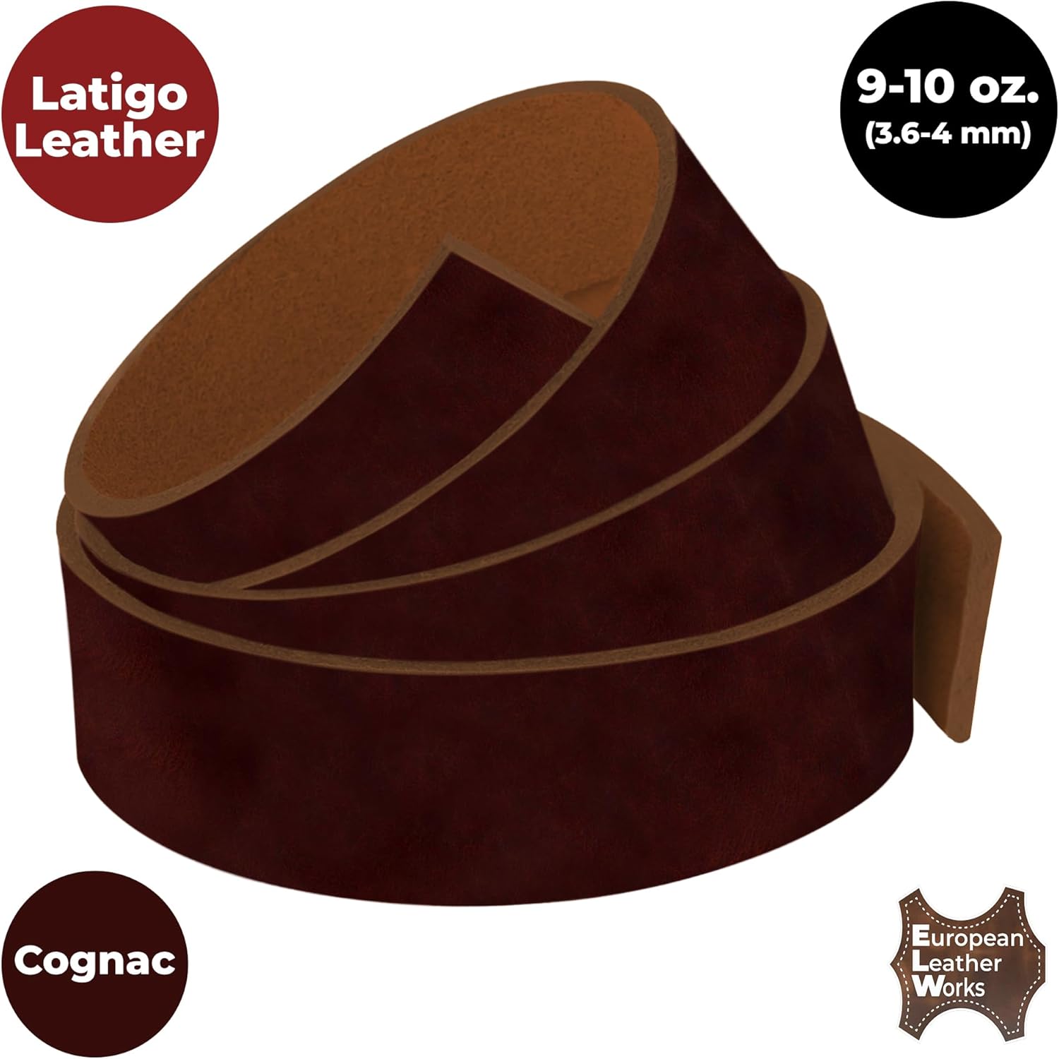 ELW 9-10 oz (3.6-4mm) Latigo Leather Belt Grade Straps & Strips | Size: 1.5"x84" (3.8x213cm) | Cognac | Full Grain Cowhide, Heavy Duty Holsters, Sheathes, Harness, Saddle, Guitar Straps, DIY Crafts