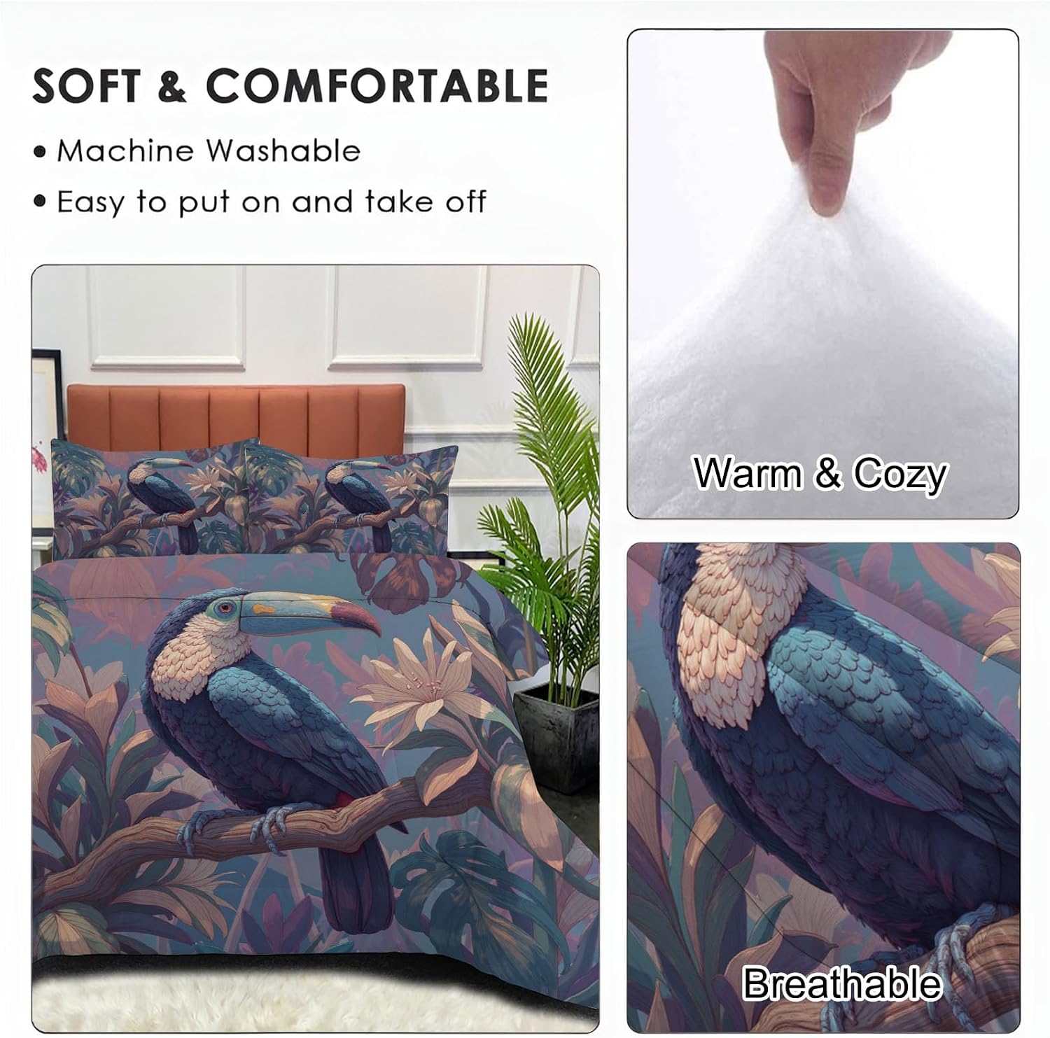 Kids 104" x 90" Coverless Duvet for All Seasons, Reversible Washable 3 Pcs Quilt with Abstract Tropical Rainforest Patterns, Pink Comforter with 2 Pillowcases 50x75cm, King