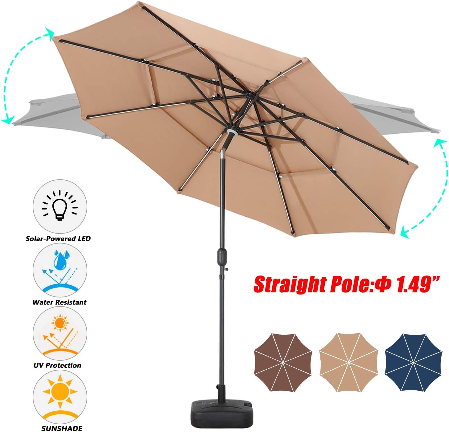 Festival Depot Solar Patio Outdoor Umbrella with LED Lighted 360°Rotation Adjustment Tilt and Crank Outdoor Market Umbrella for Garden, Deck, Backyard, Pool and Beach (8.8 FT Patio Umbrella Khaki)