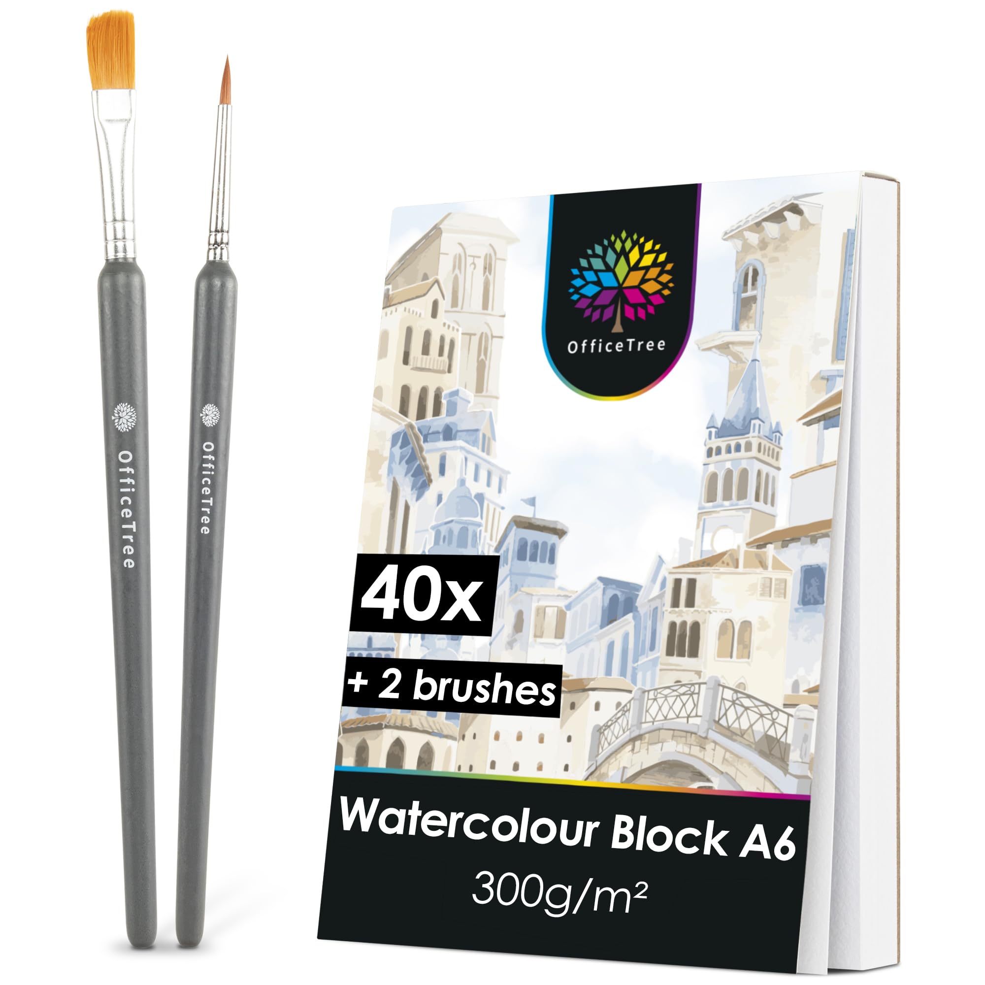 OfficeTree 40x Watercolour Paper A6 300gsm - Watercolour Pad A6 with 2X Brushes - Painting Paper - Watercolour Postcards Pad - Watercolour Sketchbook - Small Watercolour Pad - Watercolour Journal