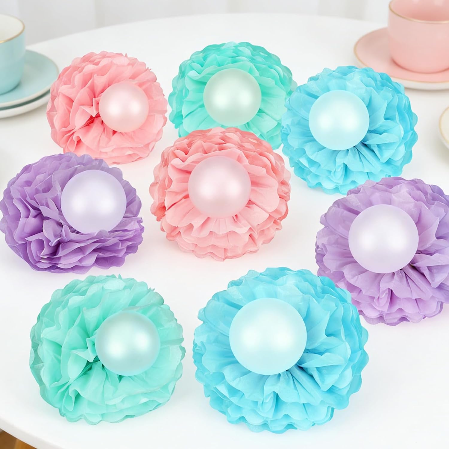 48 Pcs Mermaid Shell Party Decorations Include Pastel Tissue Paper Pom Poms and Pearl White Balloons Funny Ocean Sea Party Decorations for Seashell Mermaid Birthday Supplies DIY Crafts