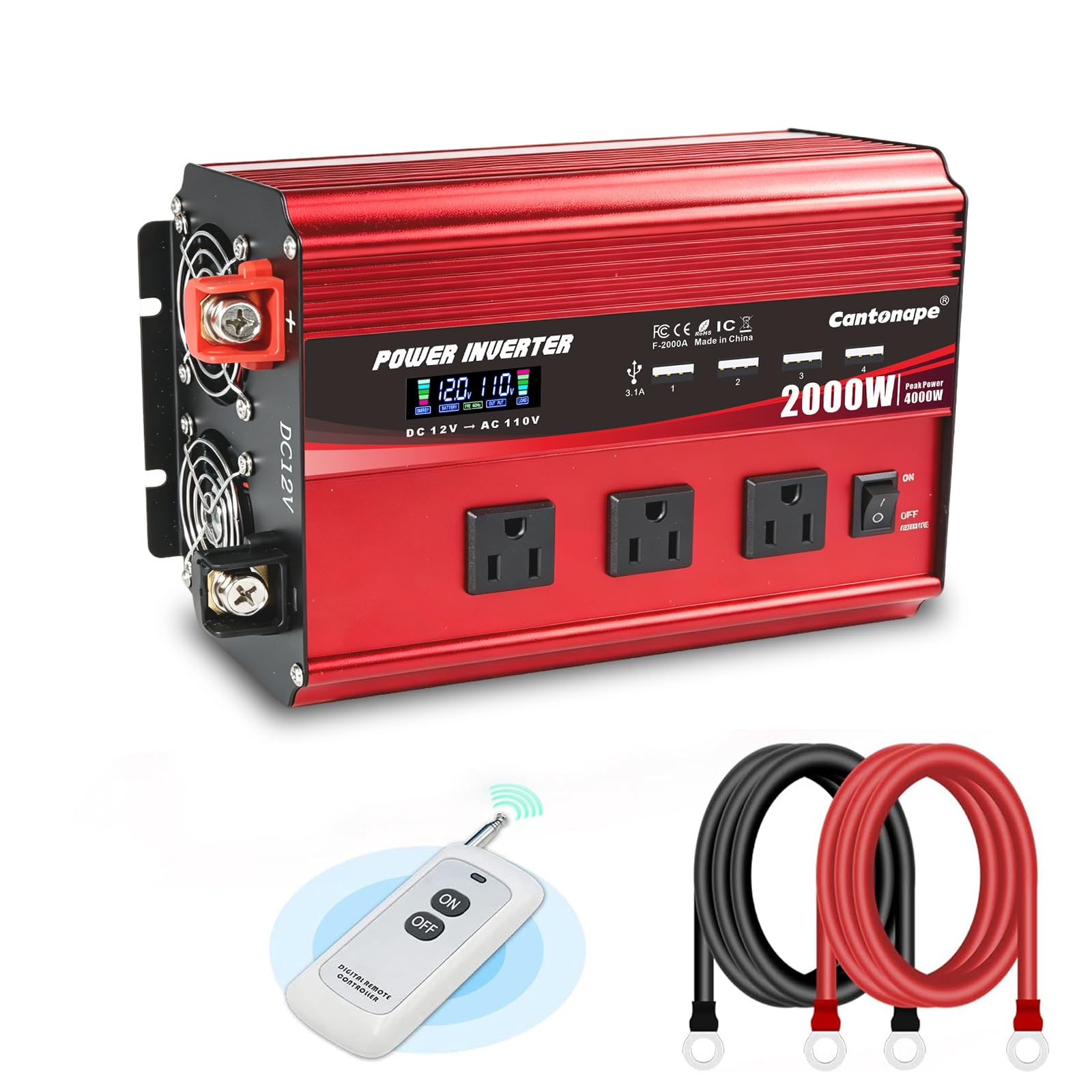 Cantonape 2000W Power Inverter 12V to 110V/120V DC to AC with LCD Display