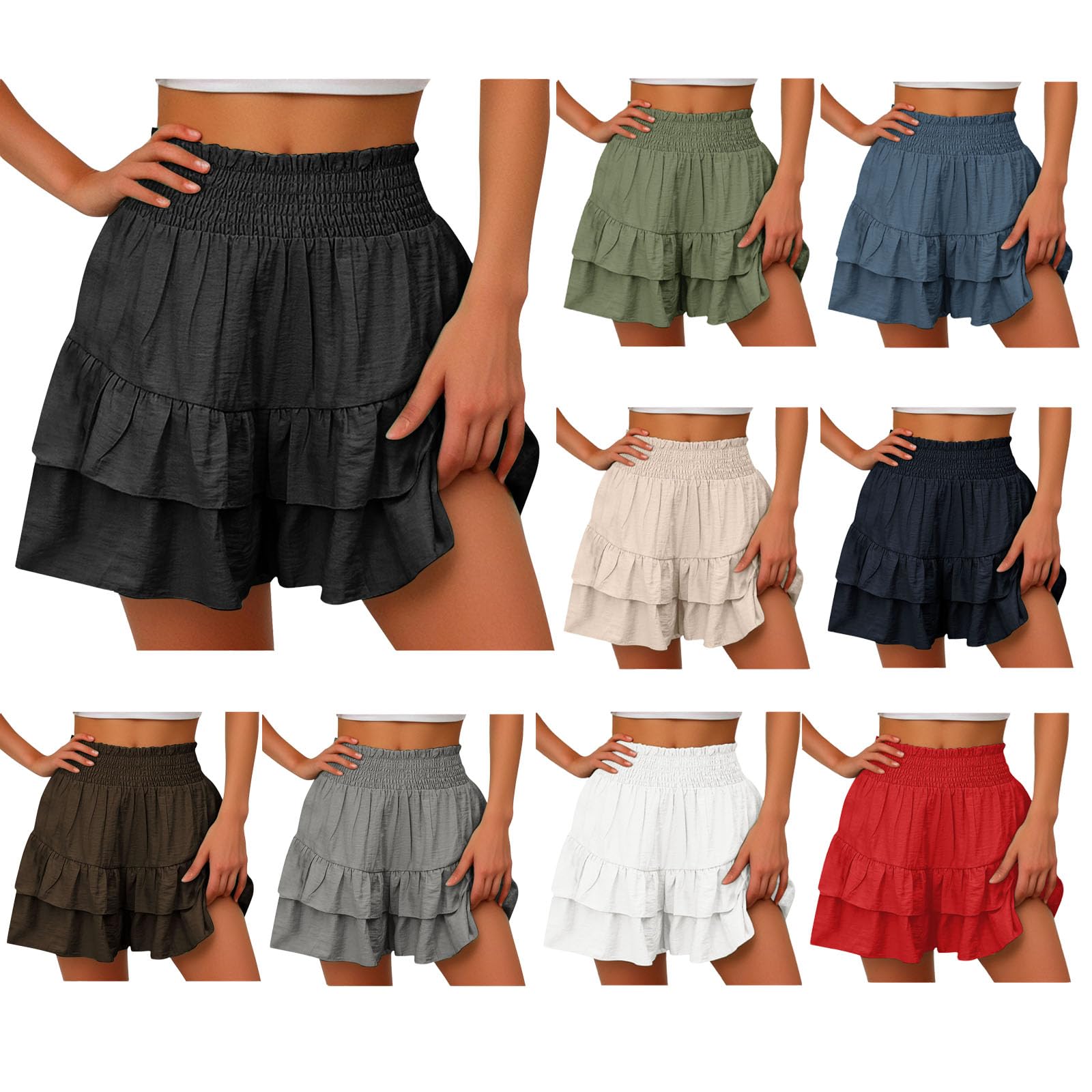 Generic Women's Summer Cute Ruffle Shorts High Waisted Pleated Hem Workout Shorts Loose Casual Solid Color Beach Shorts?Black,Large?