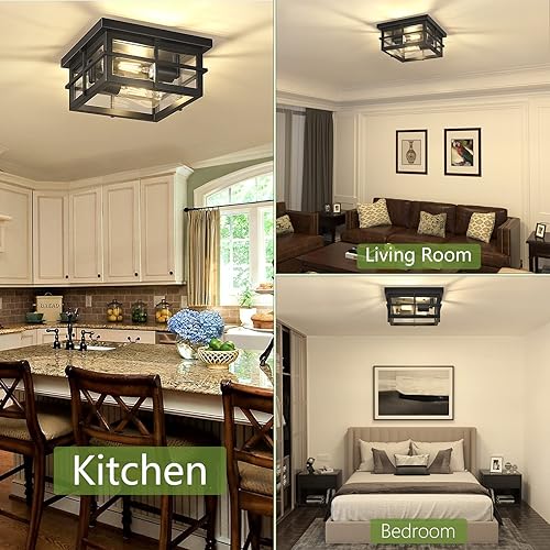 Miniatura 5 de Asnxcju Modernas lámparas de techo para exteriores, 2 luces negras de montaje empotrado con pantalla de vidrio transparente, iluminación de techo